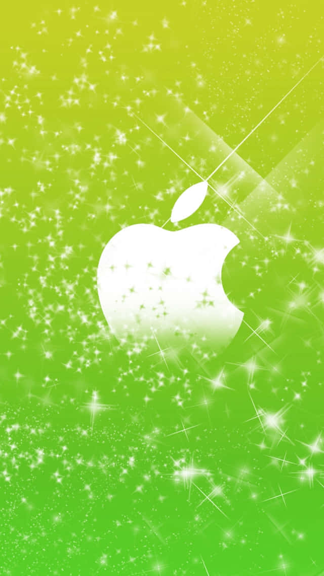 iPhone 5c 桌布 壁紙 — 發光的白色Apple標誌在充滿閃爍星爆效果的鮮豔綠色漸變背景上閃耀。