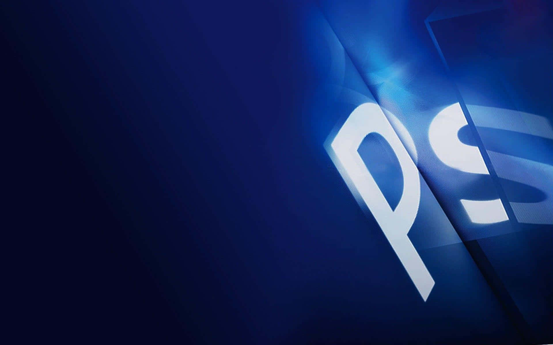 photoshop 桌布 壁紙 — 發光的白色PS標誌從深藍色漸層中浮現，帶有光線和動態模糊效果。
