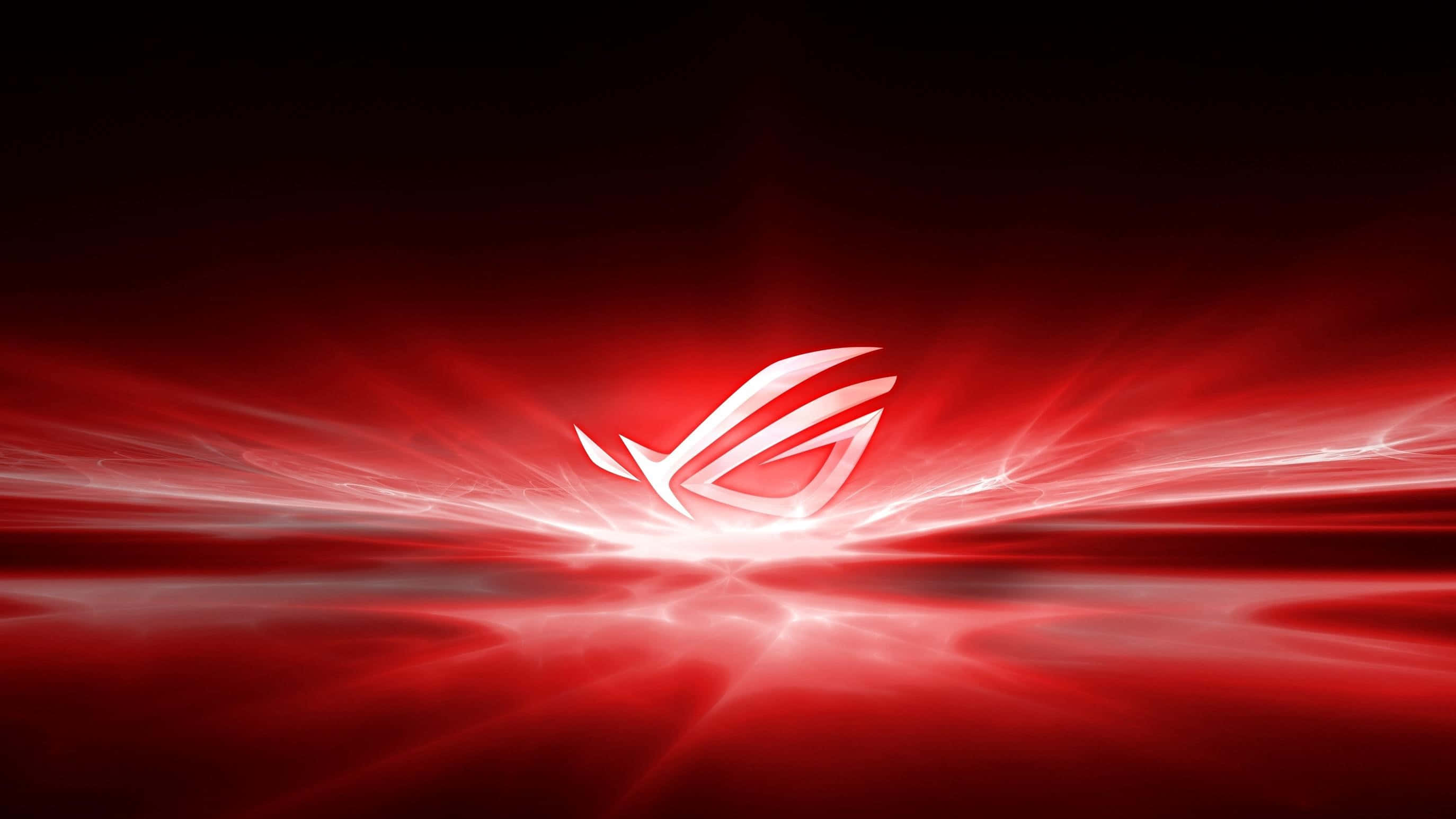 Red Gaming 桌布 壁紙 — 發光的白色ROG標誌在黑暗背景上散發出強烈的紅光，並帶有動態的能量條紋。