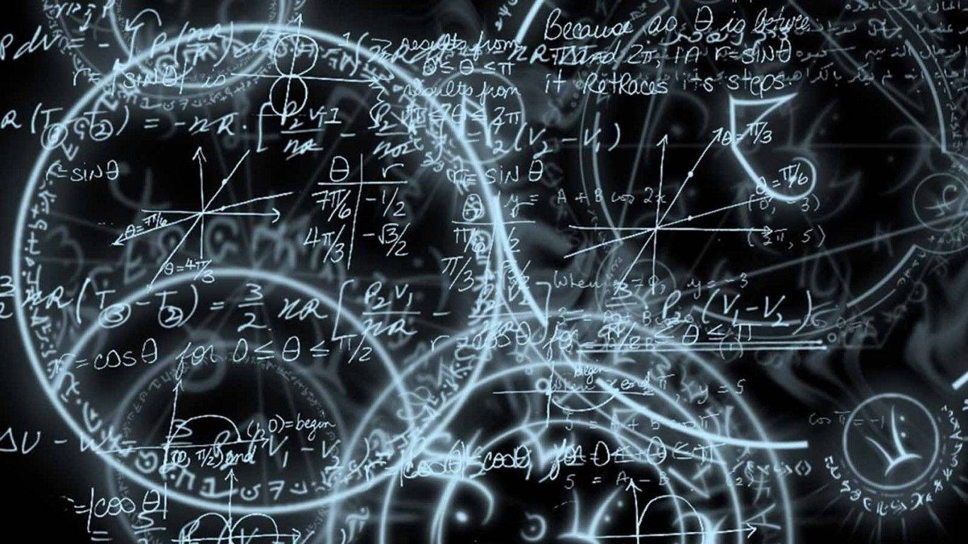 數學 桌布 壁紙 — 發光的白色數學方程式和圖表在黑暗背景上動態漂浮，像宇宙黑板。