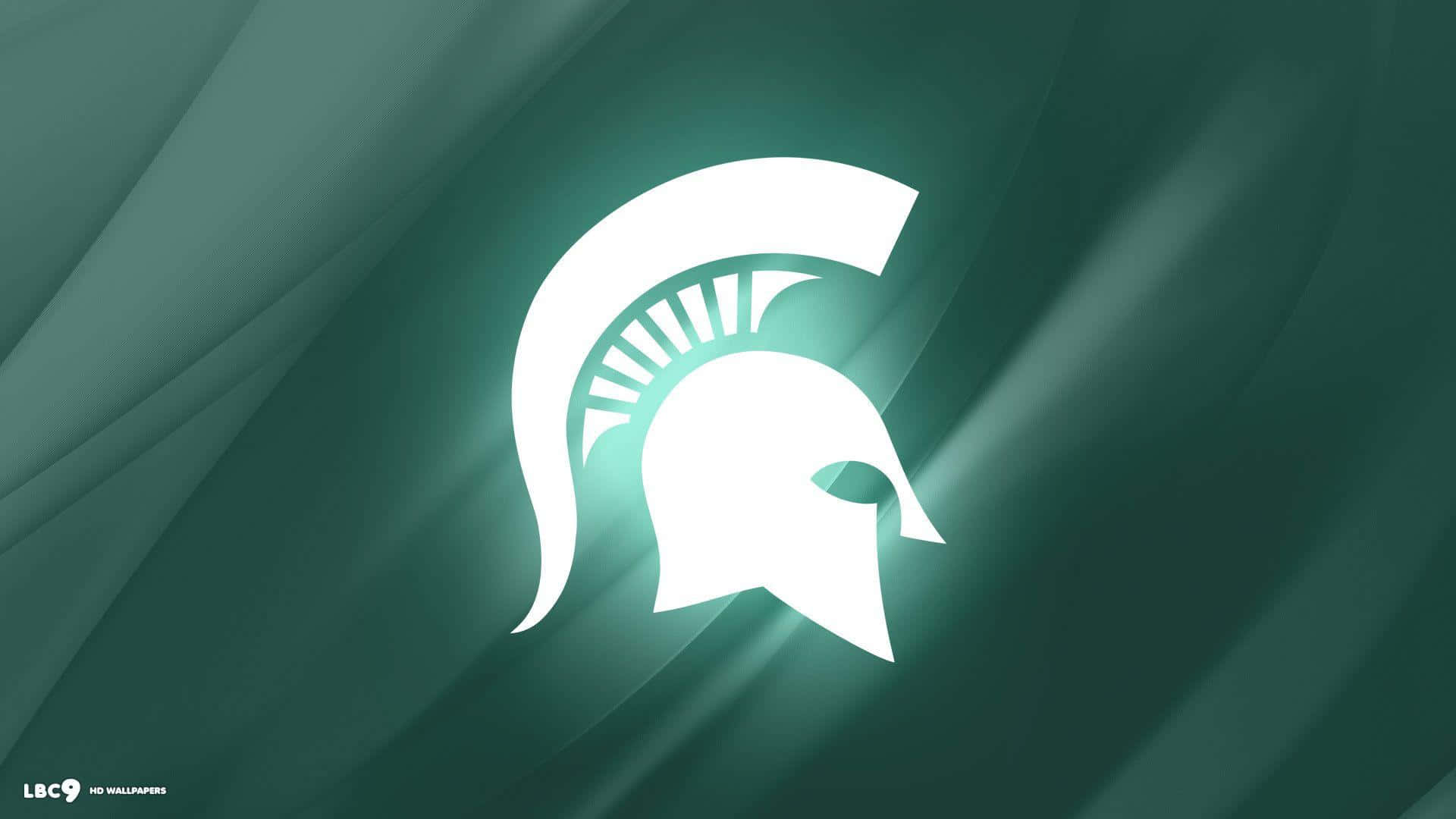 Michigan State Spartans 桌布 壁紙 — 發光的白色斯巴達頭盔標誌，居中在流動的藍綠色漸變背景上。