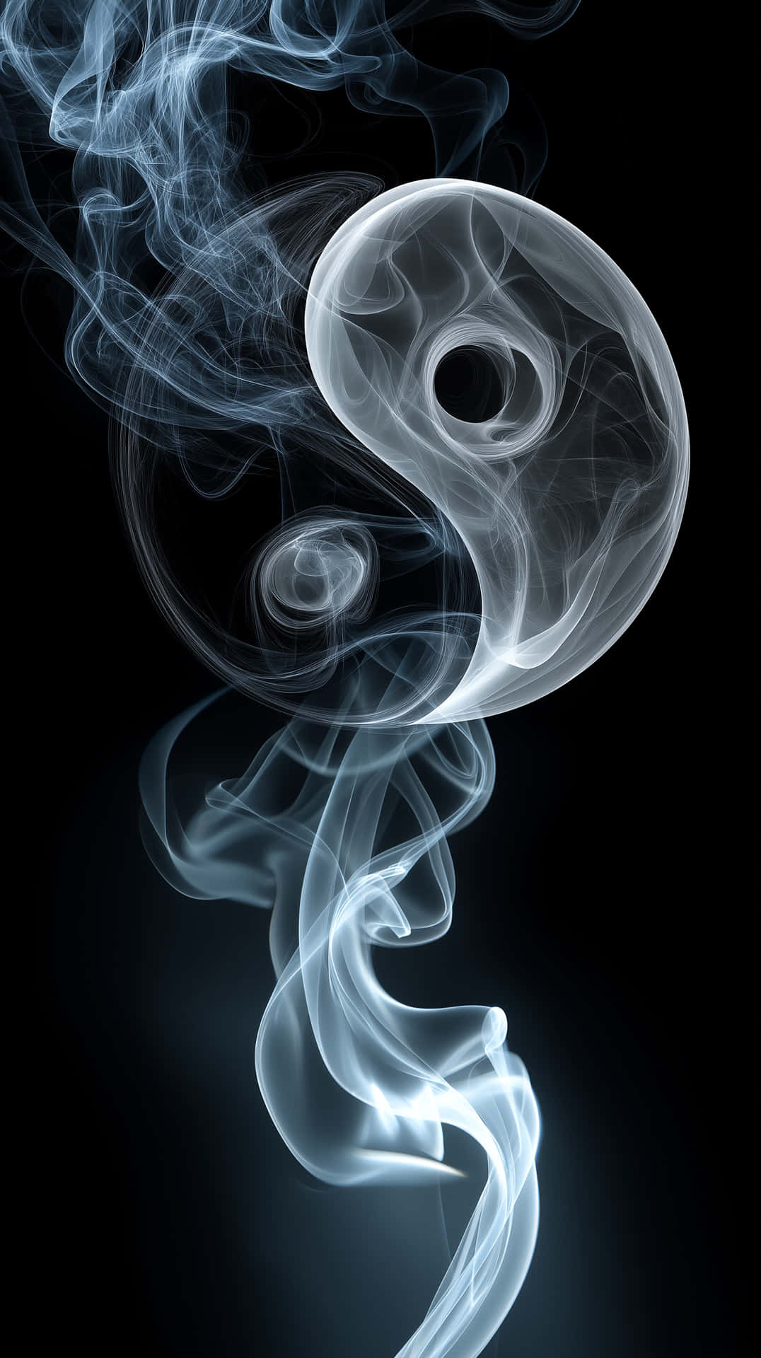 Elegant Swirling White Smoke Forming Abstract Shapes 壁紙 — 發光的白色煙霧在深黑色背景上形成陰陽符號，帶有旋轉的捲鬚。