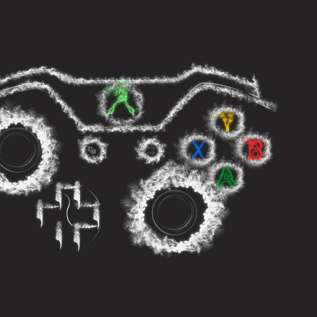 Xbox 桌布 壁紙 — 發光的白色煙霧輪廓的Xbox控制器，帶有彩色按鈕，背景為深色。