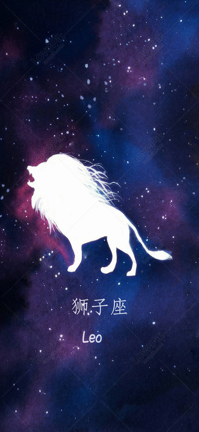 Leo 桌布 壁紙 — 發光的白色獅子剪影在充滿星星和紫藍色調的充滿活力的宇宙星雲中咆哮。