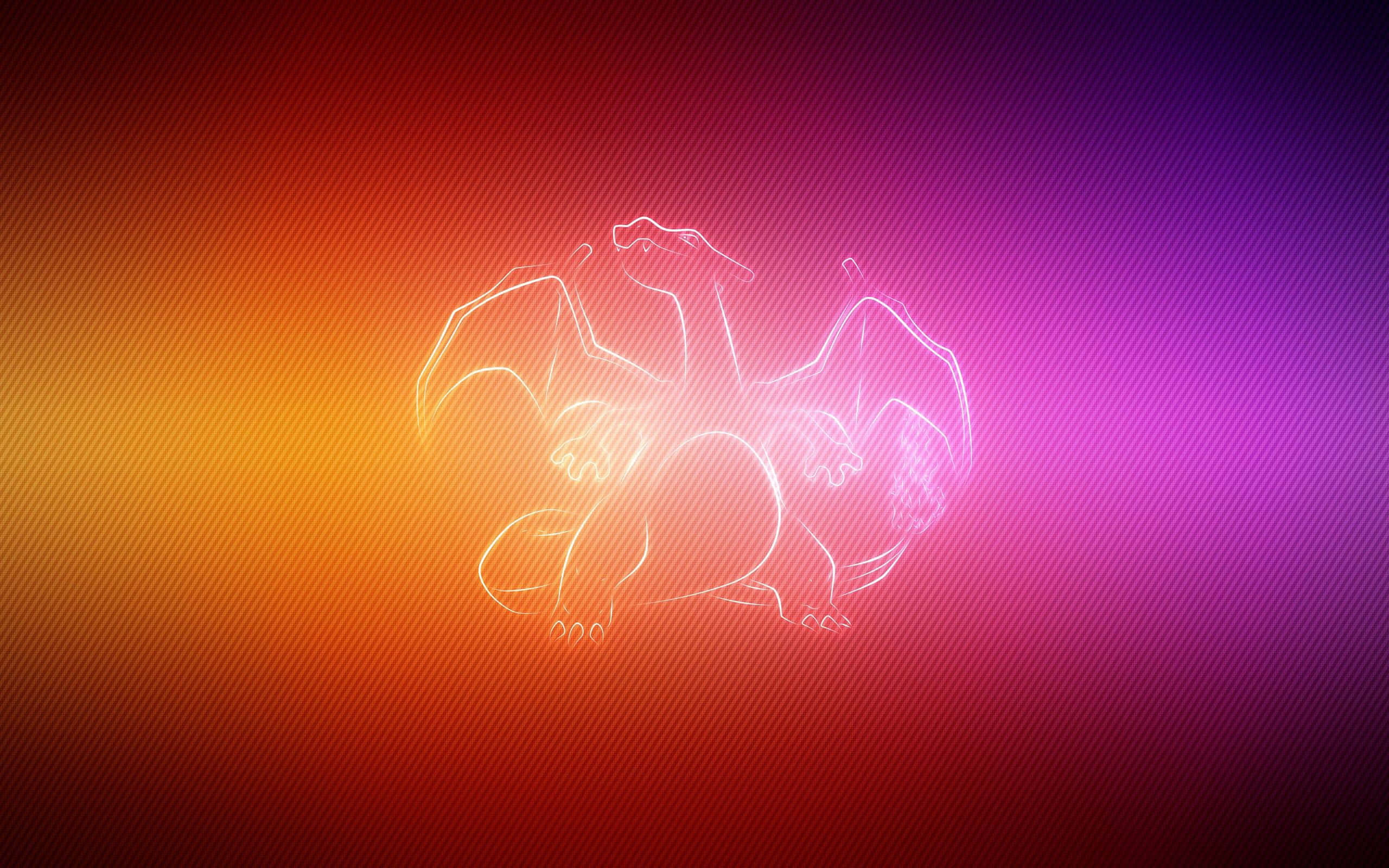 Pokemon Charizard 桌布 壁紙 — 發光的白色線條藝術剪影，描繪了噴火龍在從橙紅色到紫色的鮮豔漸變背景上的輪廓。