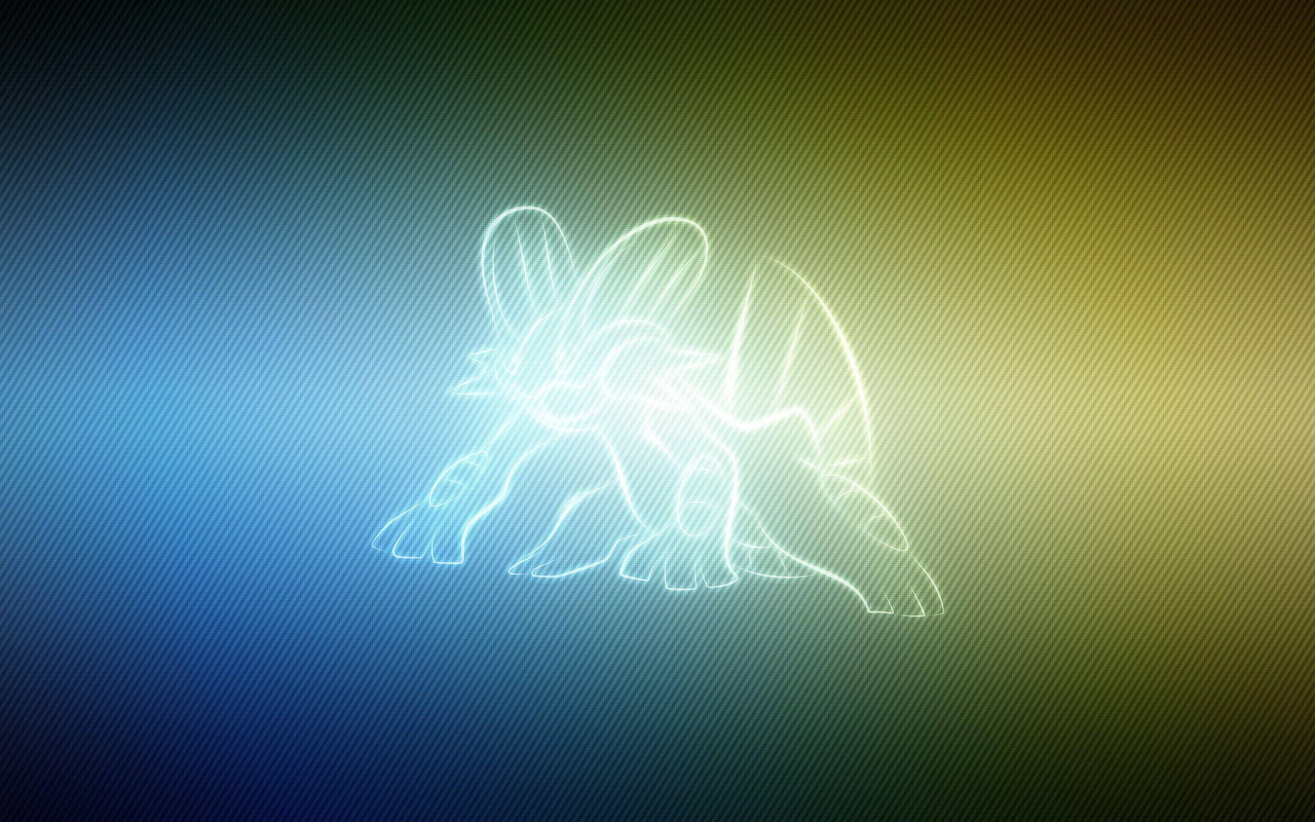 動漫 桌布 壁紙 — 發光的白色線條藝術剪影，描繪類似龍的生物，背景為藍色到黃色的漸變條紋。