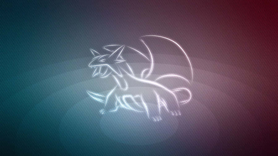 Salamence 桌布 壁紙 — 發光的白色線條藝術龍剪影在藍色到紅色的漸變紋理背景上閃耀。