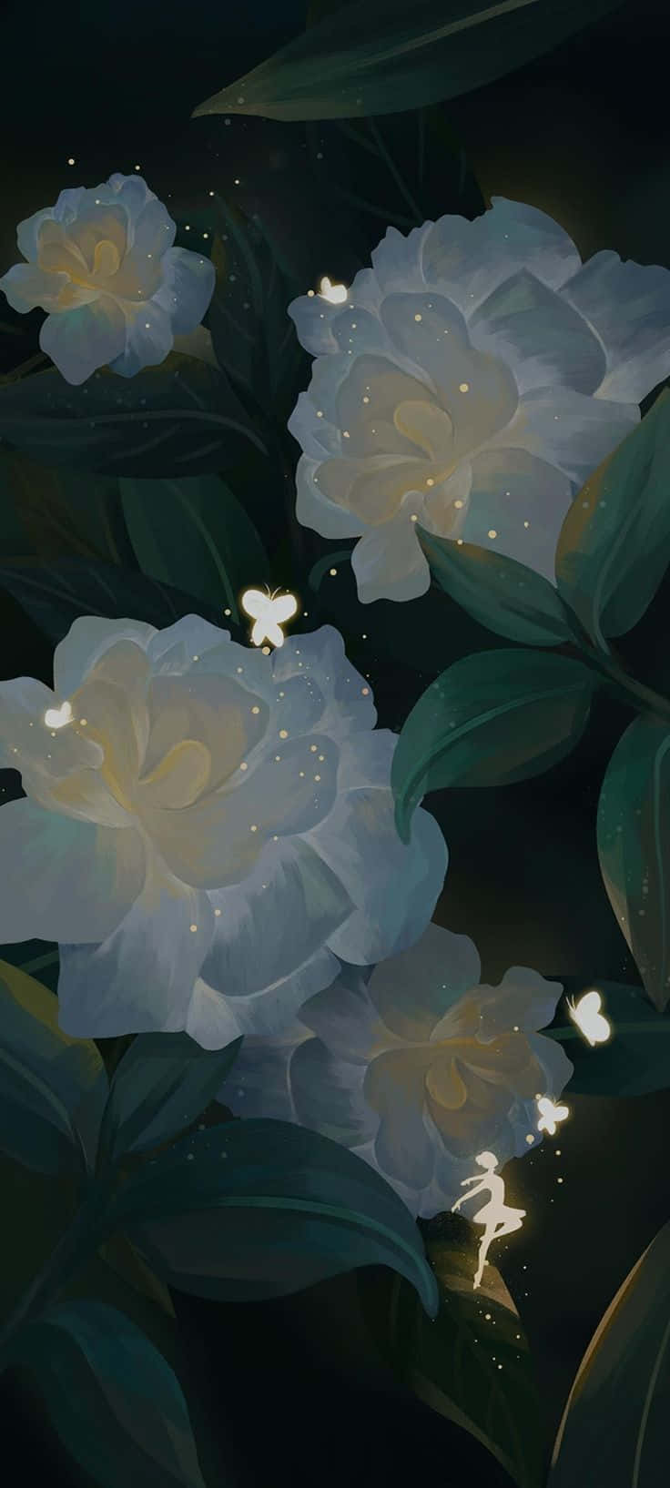 Anime Flower 桌布 壁紙 — 發光的白色花朵帶有柔和的光粒子，在深綠色葉子中綻放，營造出神秘的夜晚場景。