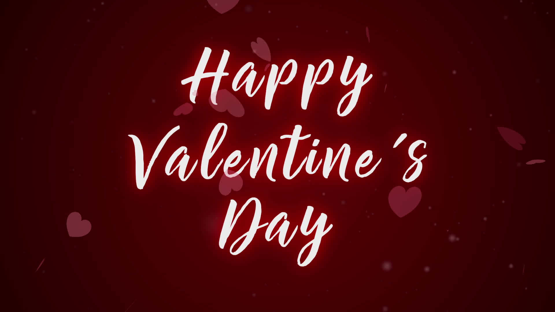 Happy Valentines Day 桌布 壁紙 — 發光的白色草書 'Happy Valentine's Day' 文字漂浮在深紅色背景上，帶有散落的心形圖案。
