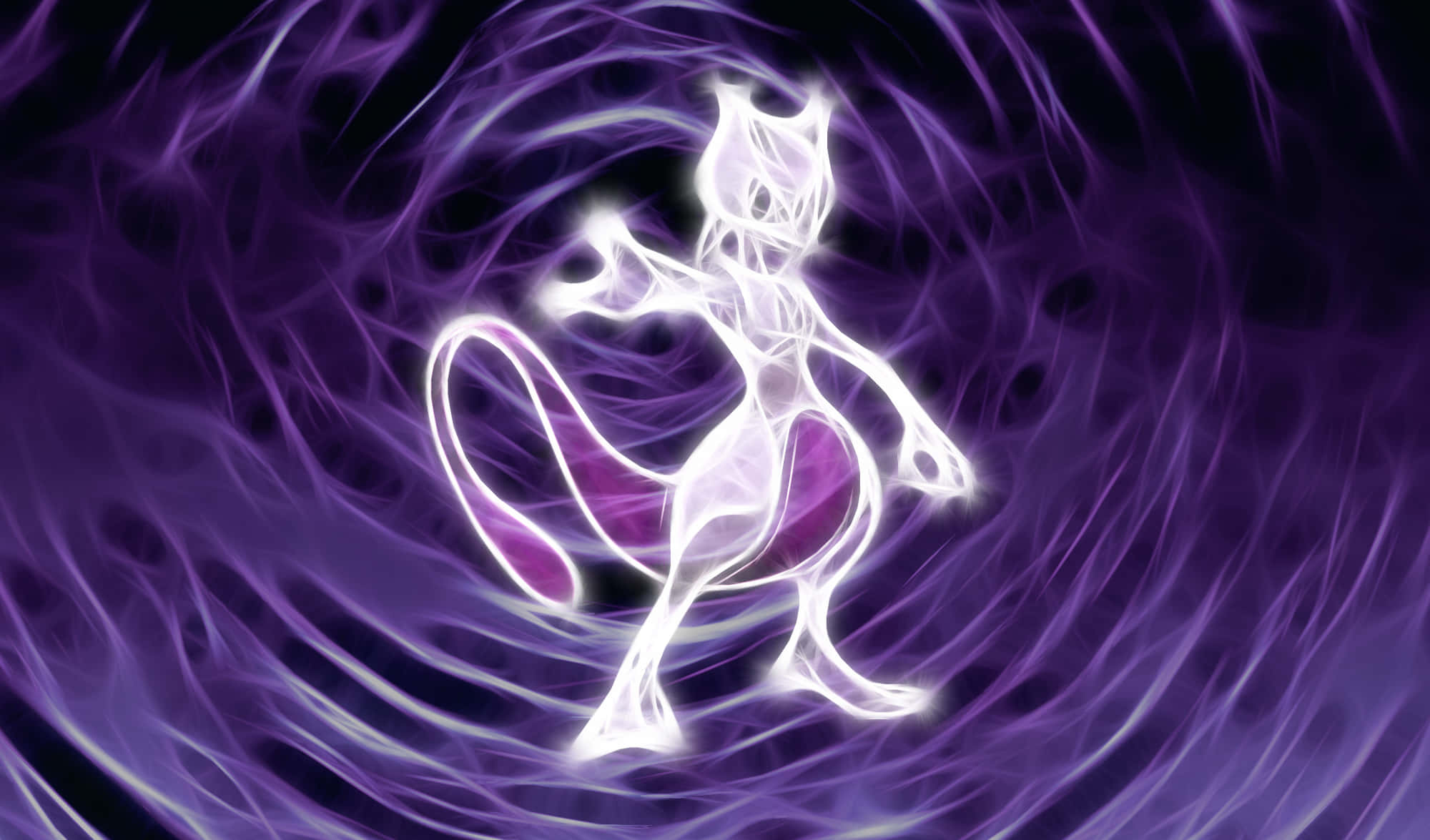 Pokemon Mew 桌布 壁紙 — 發光的白色超夢剪影在黑暗背景中，動態地站立於旋轉的紫色能量觸手之間。