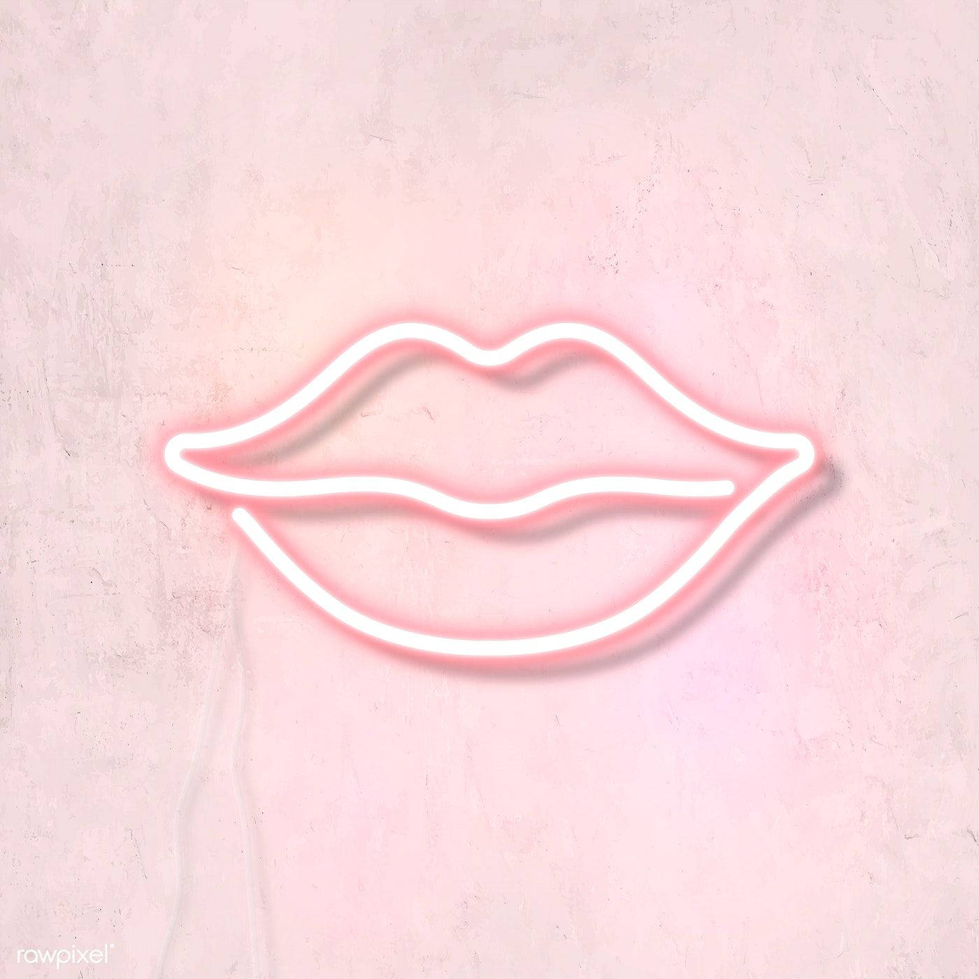 lip 桌布 壁紙 — 發光的白色霓虹嘴唇輪廓在紋理粉彩粉紅牆上投射出柔和的粉紅光芒。