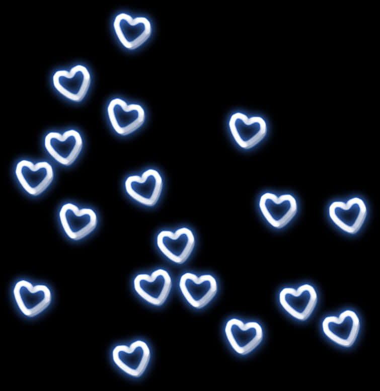 Heart Tumblr 桌布 壁紙 — 發光的白色霓虹心形輪廓以分散的圖案漂浮在純黑色背景上。