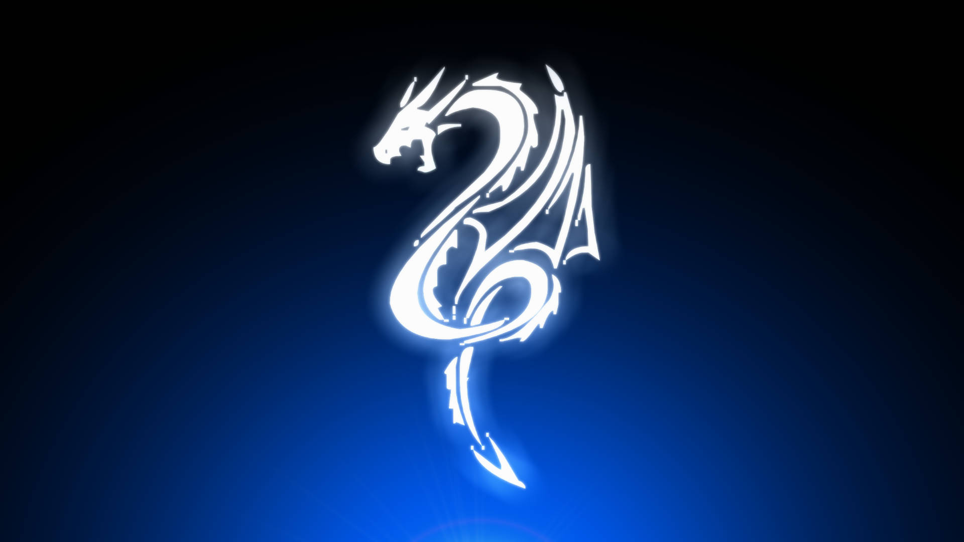 Light Dragon 桌布 壁紙 — 發光的白色風格化龍剪影在深藍色漸變背景上優雅地彎曲。