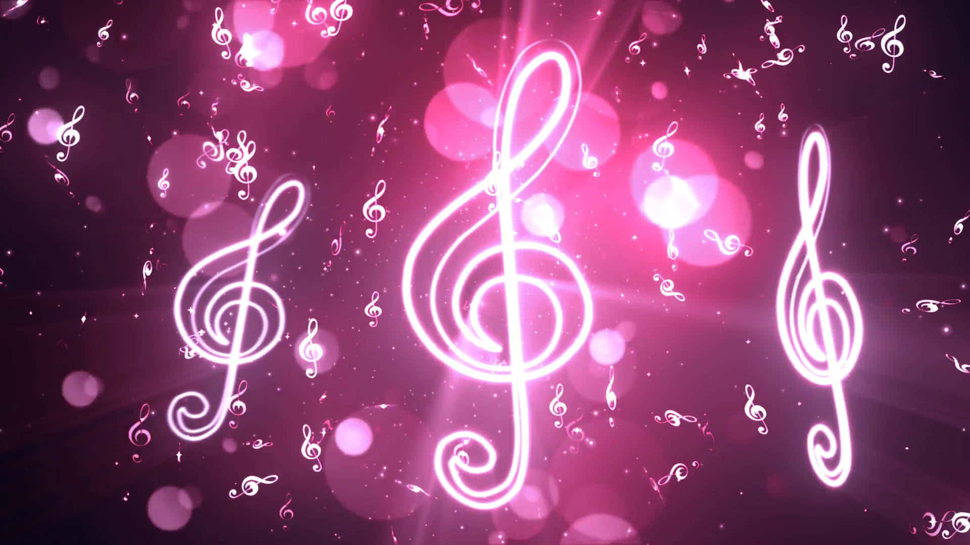 Music Notes 桌布 壁紙 — 發光的白色高音譜號漂浮在粉紅色散景燈光中，構成璀璨的音樂幻想。