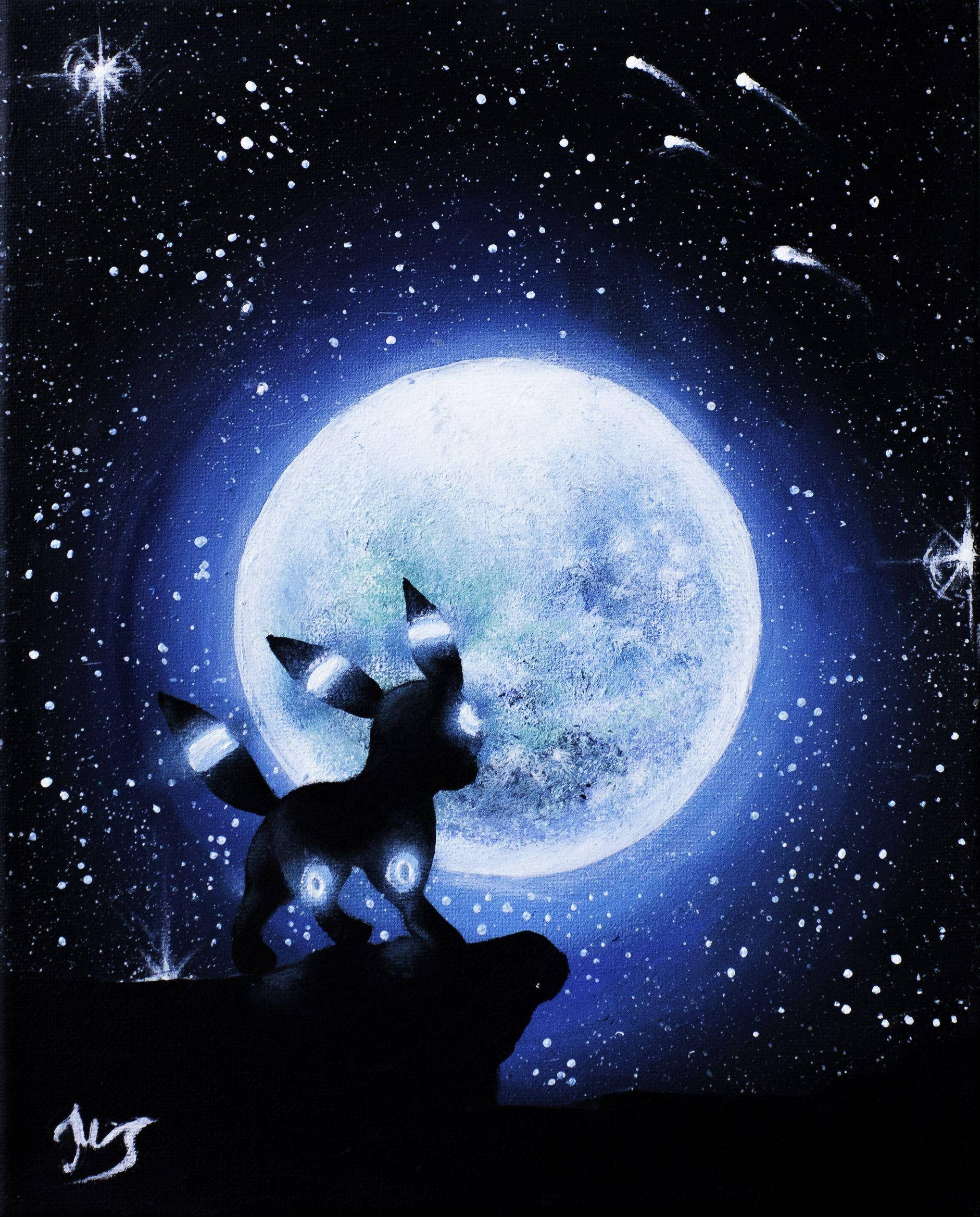 藝術 桌布 壁紙 — 發光的皮丘剪影站在懸崖上，下方是滿月照耀的星空夜空，有流星劃過。