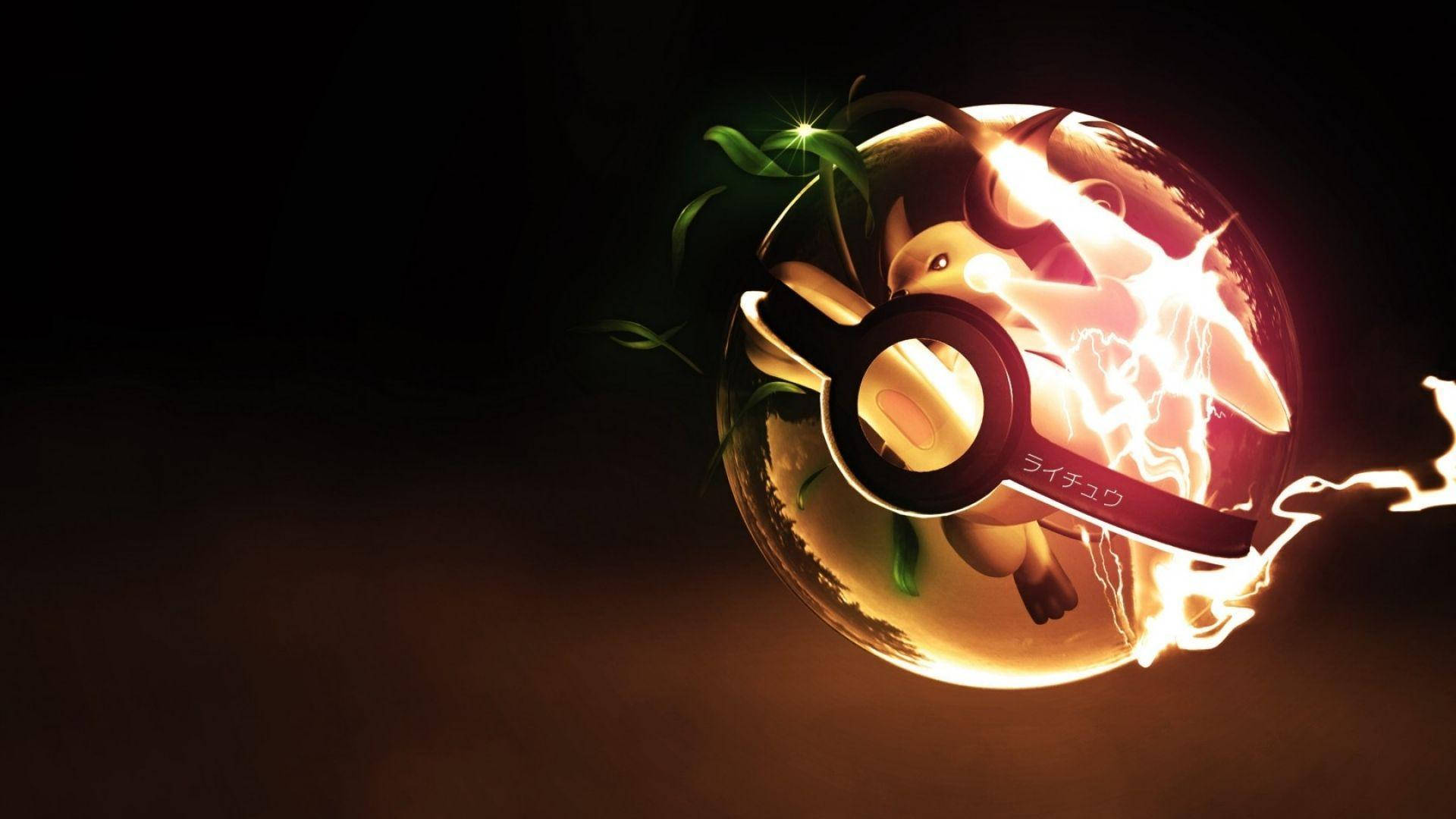 Raichu 桌布 壁紙 — 發光的皮卡丘從精靈球中出現，帶有電火花和綠色藤蔓，背景為深色。
