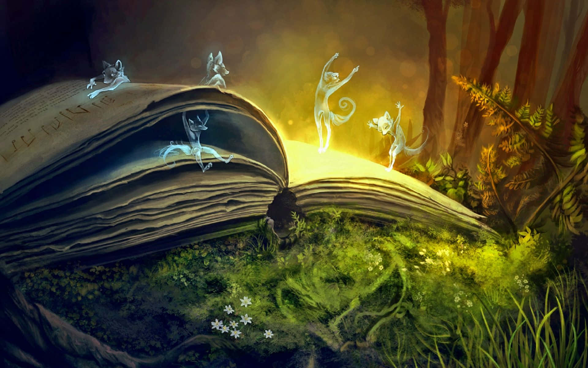 書本 桌布 壁紙 — 發光的空靈狐狸精靈在長滿苔蘚的森林空地中，沐浴在金色光芒下，在一本古老的打開的書上跳舞。