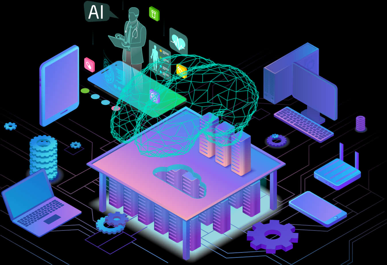 artificial intelligence 桌布 壁紙 — 發光的等距數位插圖，展示AI技術，帶有線框大腦、裝置和數據圖示，漂浮在伺服器桌上。