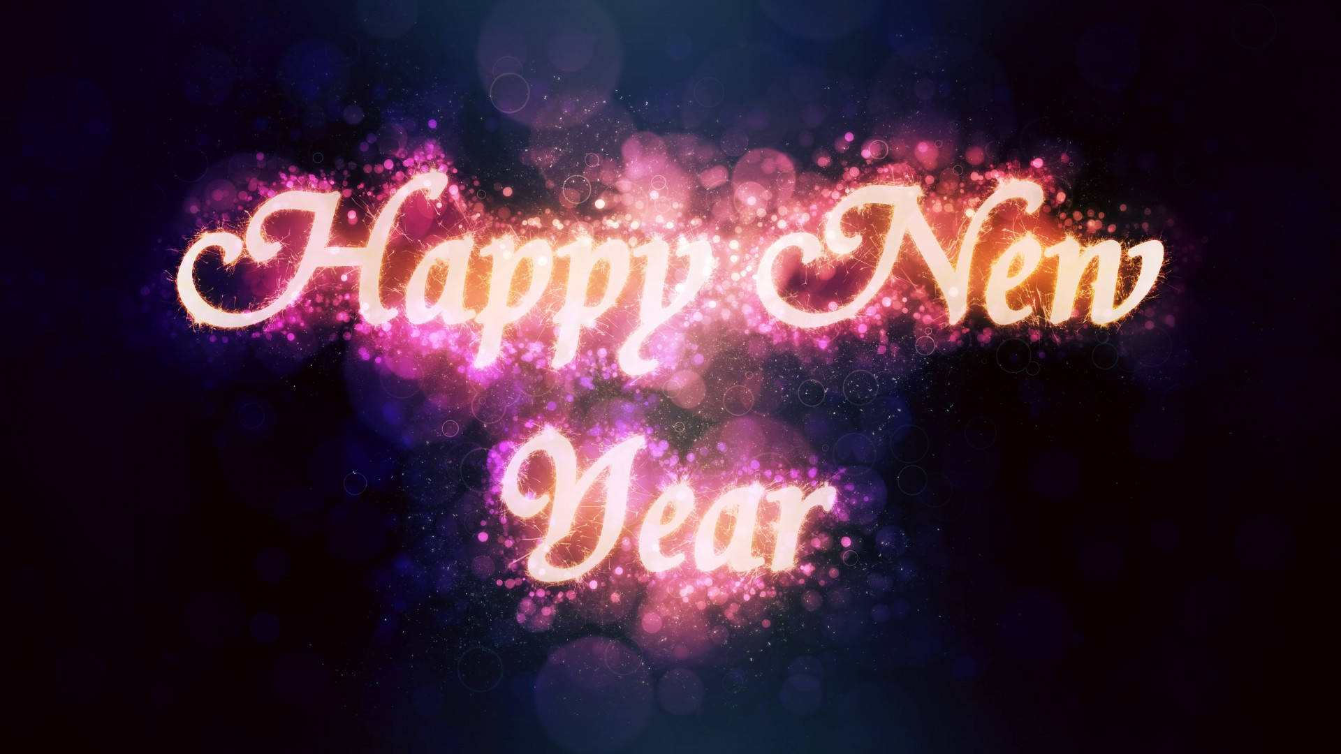 New 桌布 壁紙 — 發光的節日文字顯示「Happy New Year」，周圍環繞著閃爍的粒子，背景為黑暗的宇宙。