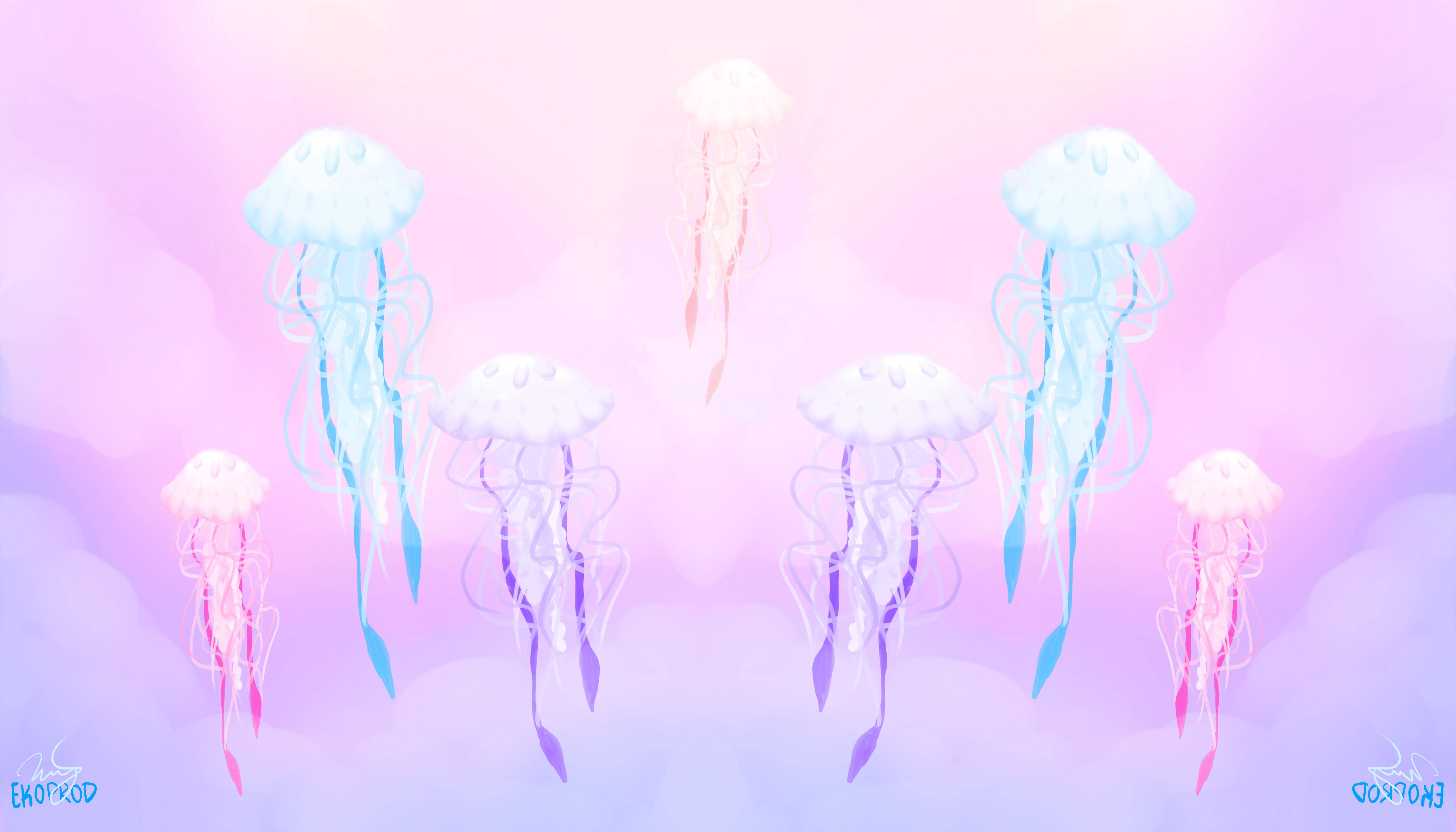 Pastel Gore 桌布 壁紙 — 發光的粉彩水母在粉紅色和薰衣草色調的夢幻漸層天空中優雅地漂浮。