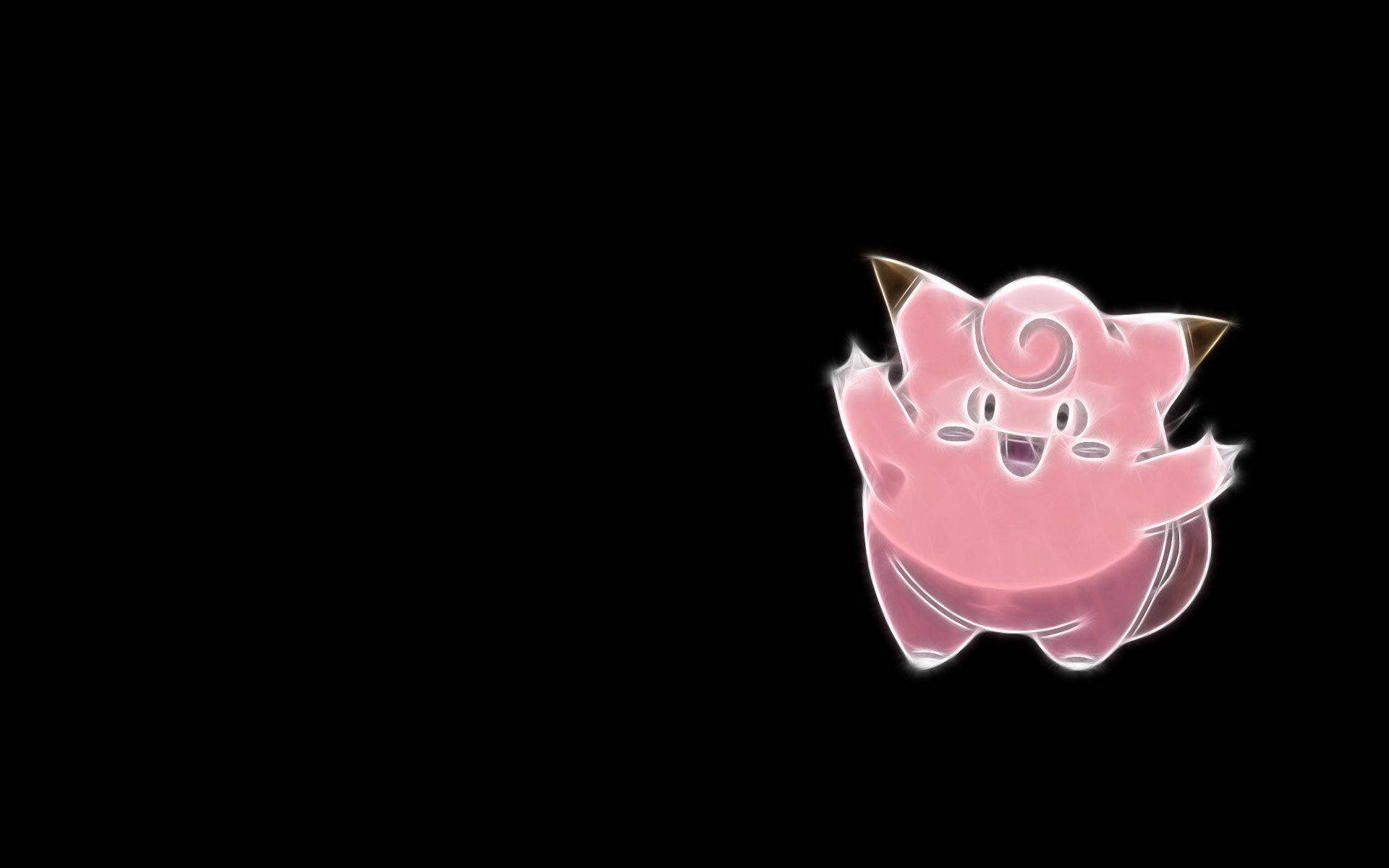 寶可夢 桌布 壁紙 — 發光的粉紅色 Jigglypuff 帶著愉快表情漂浮在純黑色背景上。