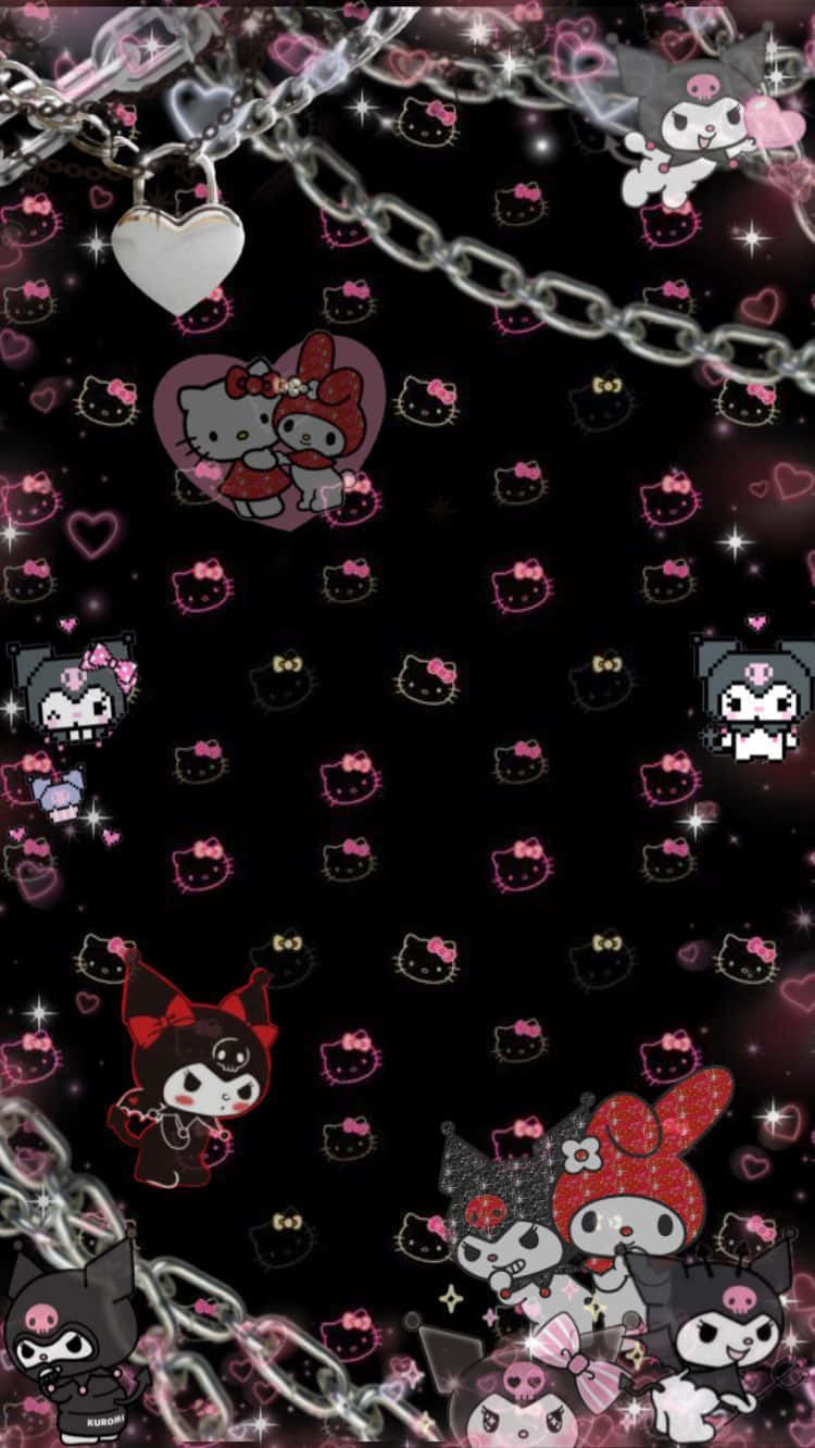 Emo Hello Kitty 桌布 壁紙 — 發光的粉紅色Hello Kitty和Kuromi角色在黑色背景上閃爍，背景由銀色鏈條和心形框住。