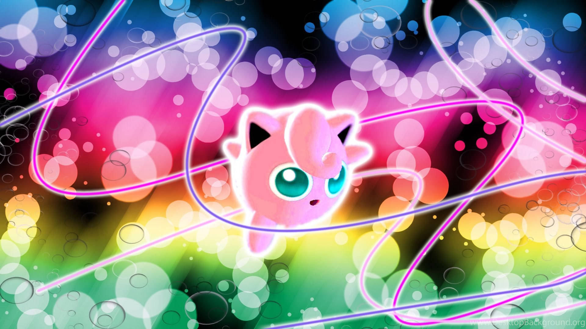 Jigglypuff 桌布 壁紙 — 發光的粉紅色Jigglypuff漂浮在充滿活力的霓虹漩渦和彩色散景燈光中，構成夢幻般的數位場景。
