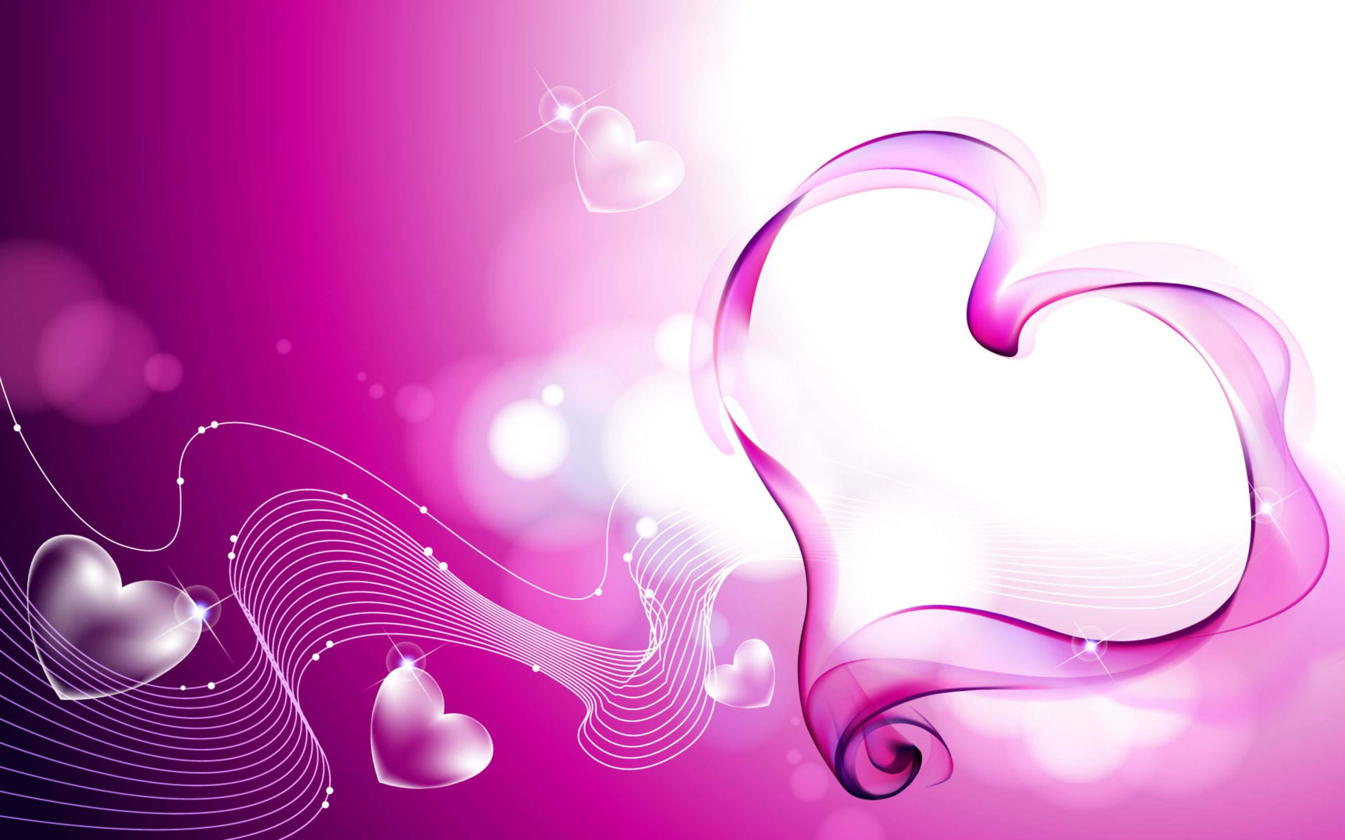 Heart Shape 桌布 壁紙 — 發光的粉紅色和白色心形漩渦，帶有漂浮的心形和閃爍的散景效果。