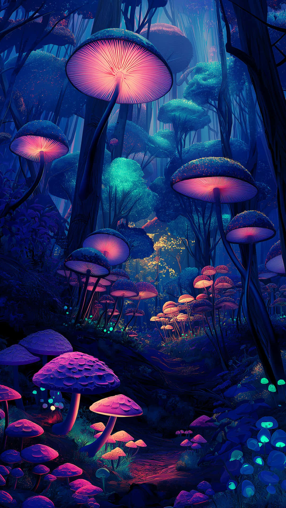 A magical nocturnal forest illuminated by vibrant glowing mushrooms and bioluminescent plants 壁紙 — 發光的粉紅色和紫色蘑菇照亮了沐浴在深藍色和藍綠色光中的神秘森林。