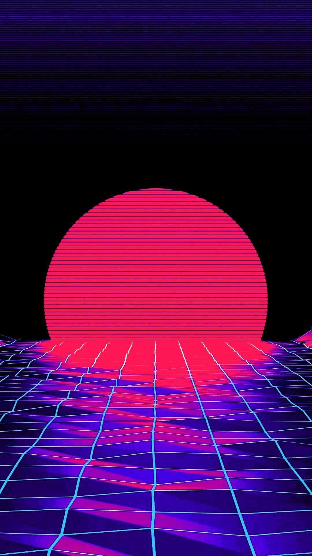 Vaporwave iPhone 桌布 壁紙 — 發光的粉紅色太陽在復古未來主義的數位景觀中，從霓虹網格地板上升起。