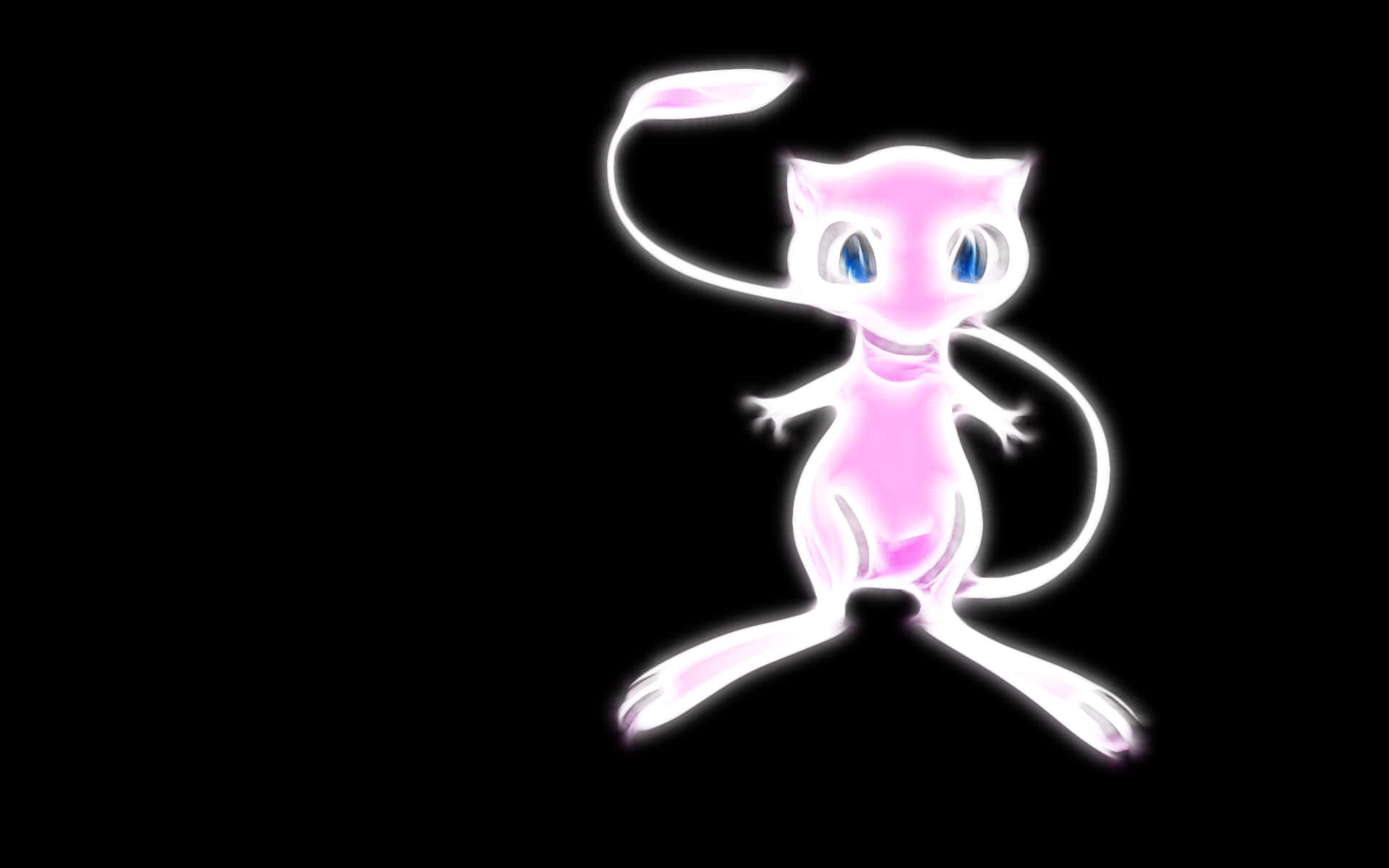 Pokemon Mew 桌布 壁紙 — 發光的粉紅色超夢站在黑色背景上，帶有明亮的白色輪廓和藍色眼睛。