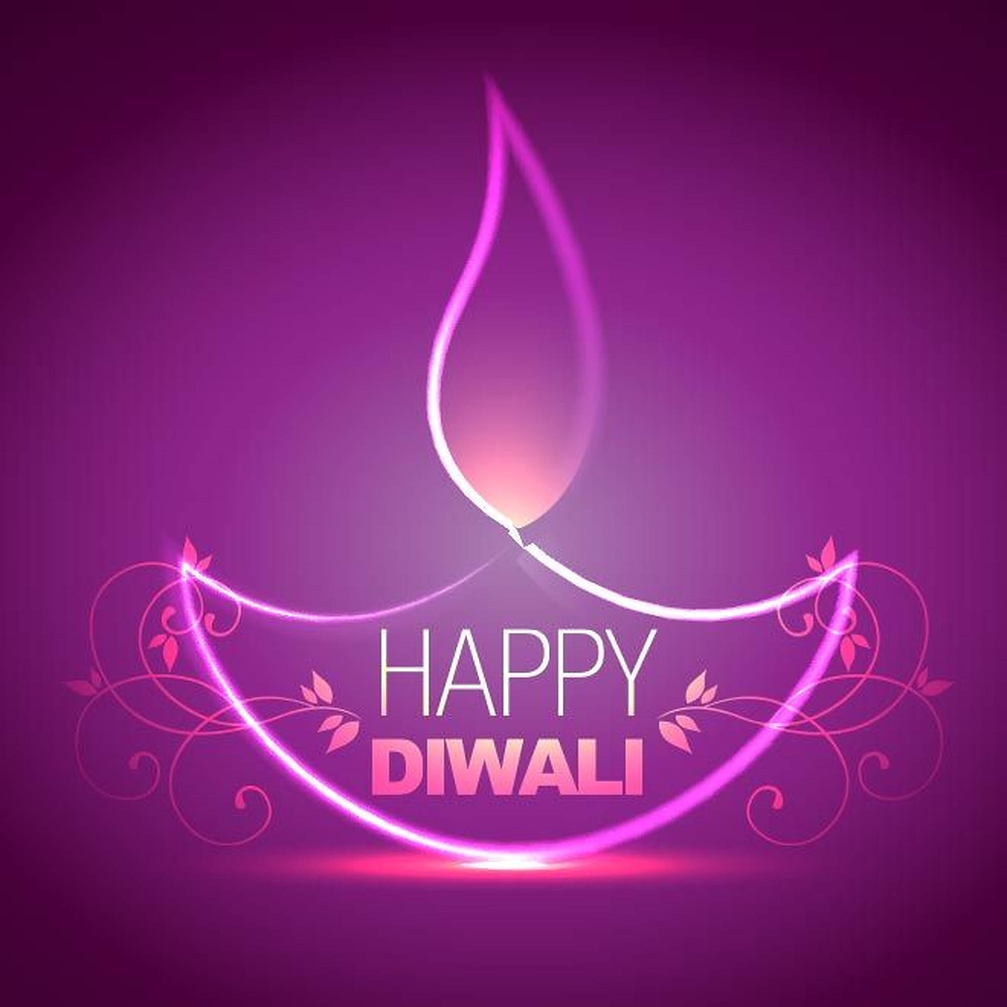 排燈節 桌布 壁紙 — 發光的粉紅色迪亞燈，帶有旋轉花卉圖案和「HAPPY DIWALI」文字，背景為漸變紫色。