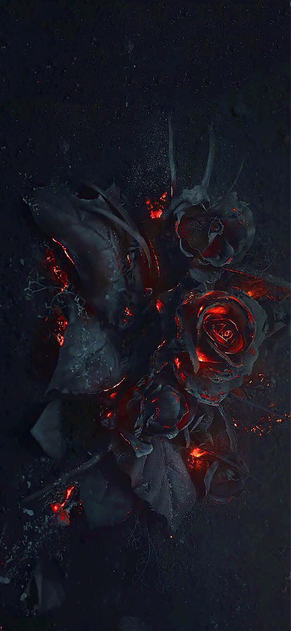 Gothic iPhone 桌布 壁紙 — 發光的紅玫瑰，帶有熔化的核心和破碎的花瓣，漂浮在黑暗的宇宙虛空中。