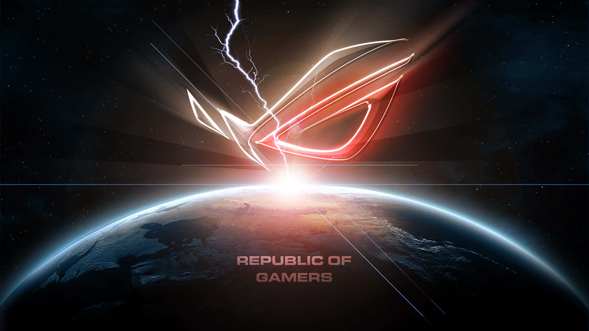 Rog 桌布 壁紙 — 發光的紅白ROG標誌在星空太空背景下，伴隨著閃電在地球彎曲的地平線上爆發。
