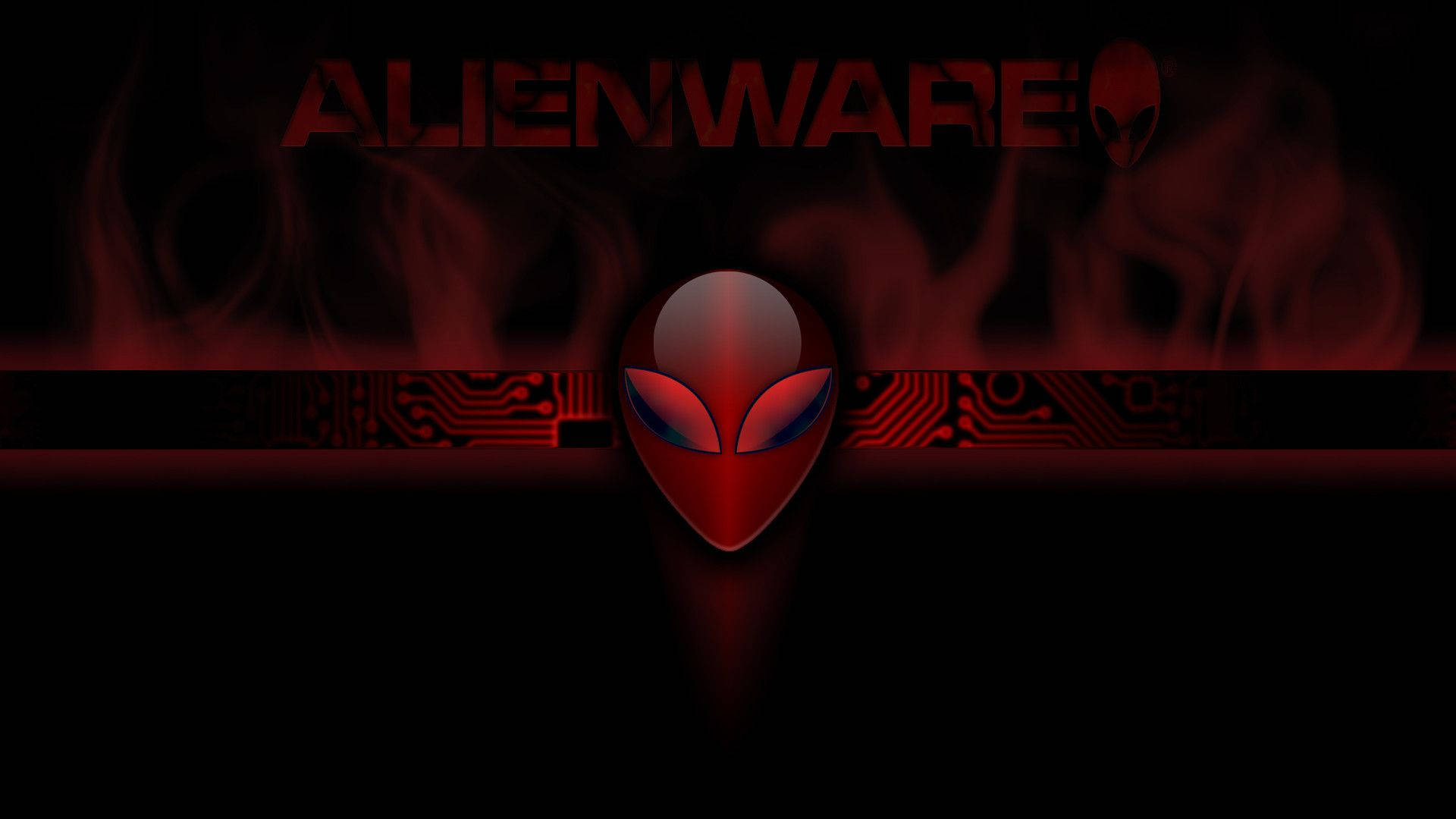 3840x2160 alienware 桌布 壁紙 — 發光的紅色Alienware標誌居中於深色背景上，帶有電路板圖案和煙霧般的紅色效果。