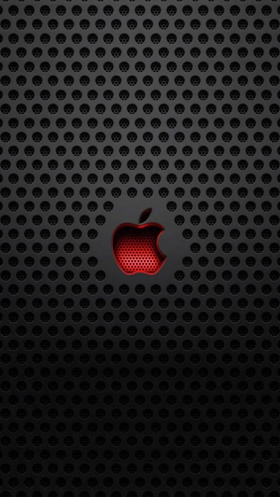 iPod Touch 桌布 壁紙 — 發光的紅色Apple標誌居中在黑色穿孔金屬格柵背景上。