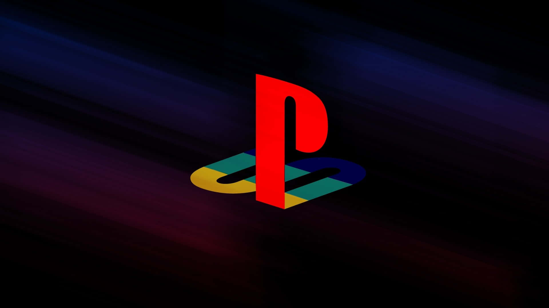 PlayStation 桌布 壁紙 — 發光的紅色PlayStation標誌在帶有藍色和紫色光條的深色漸變背景上脫穎而出。