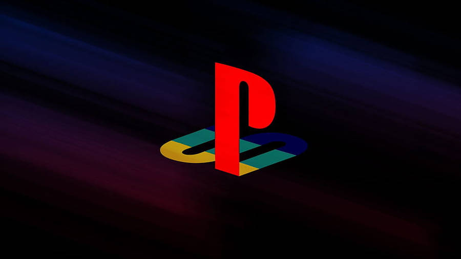 PlayStation 桌布 壁紙 — 發光的紅色PlayStation標誌在深藍色和紫色條紋的深色漸變背景上脫穎而出。