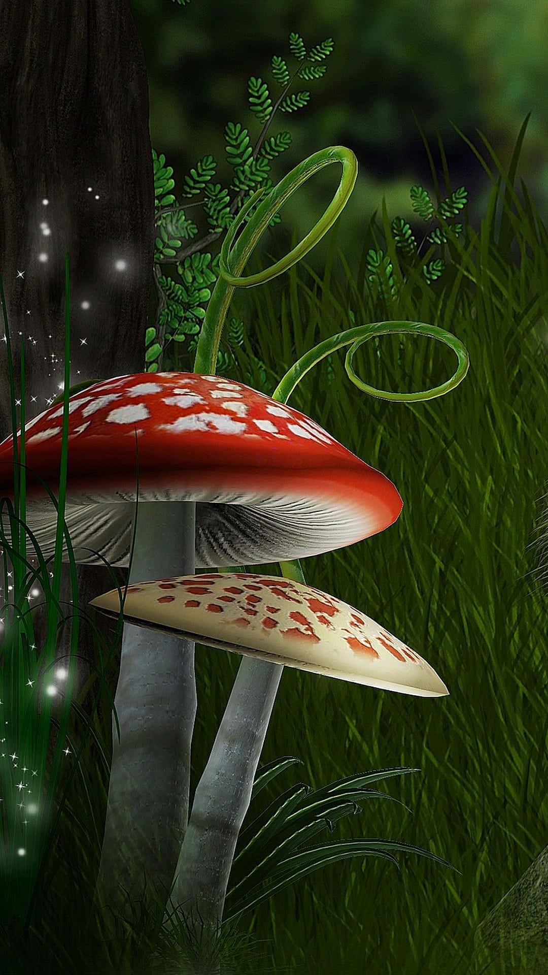 人像動態 桌布 壁紙 — 發光的紅色和白色斑點蘑菇生長在樹旁，周圍是茂密的綠色森林，閃爍著仙女燈光。