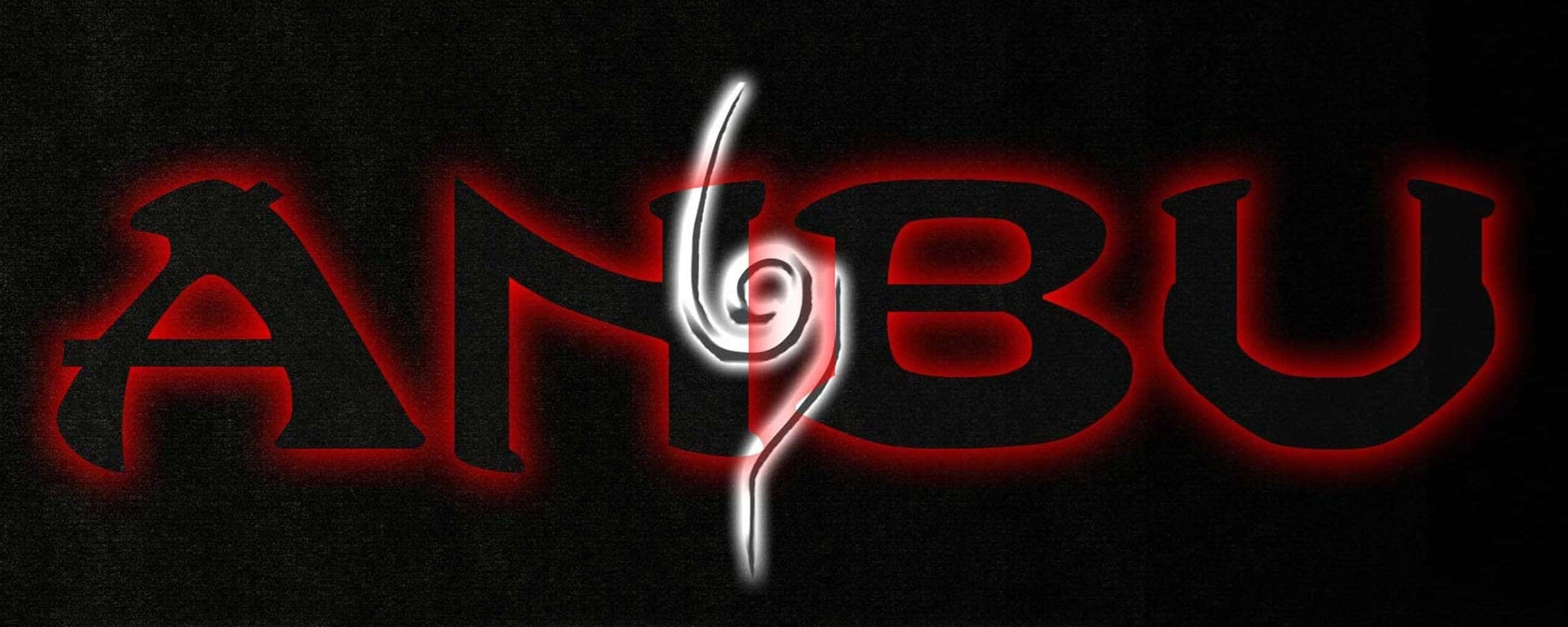 桌布 壁紙 — 發光的紅色和白色風格化文字 'ANBU'，帶有旋轉的符號，背景為深色紋理。