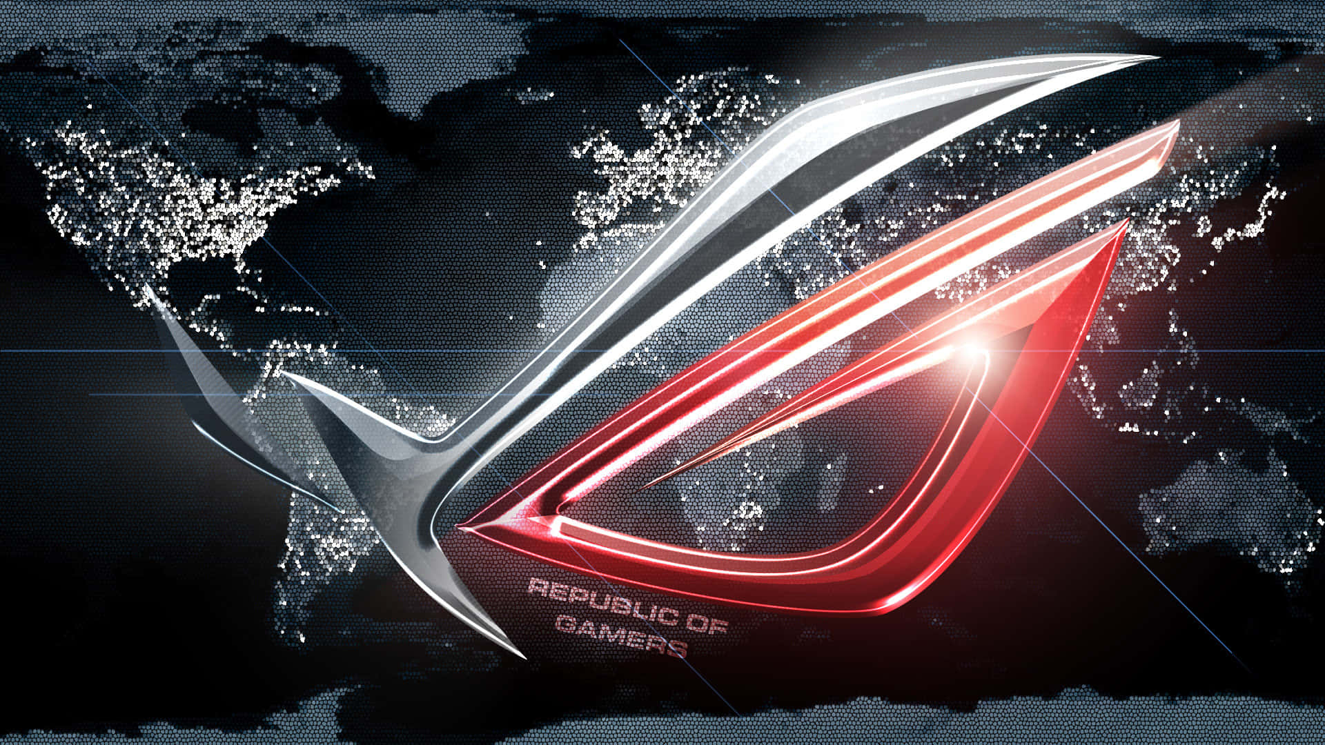 Rog 桌布 壁紙 — 發光的紅色和銀色 ROG 眼睛標誌在點綴著城市燈光的黑暗世界地圖上閃耀。