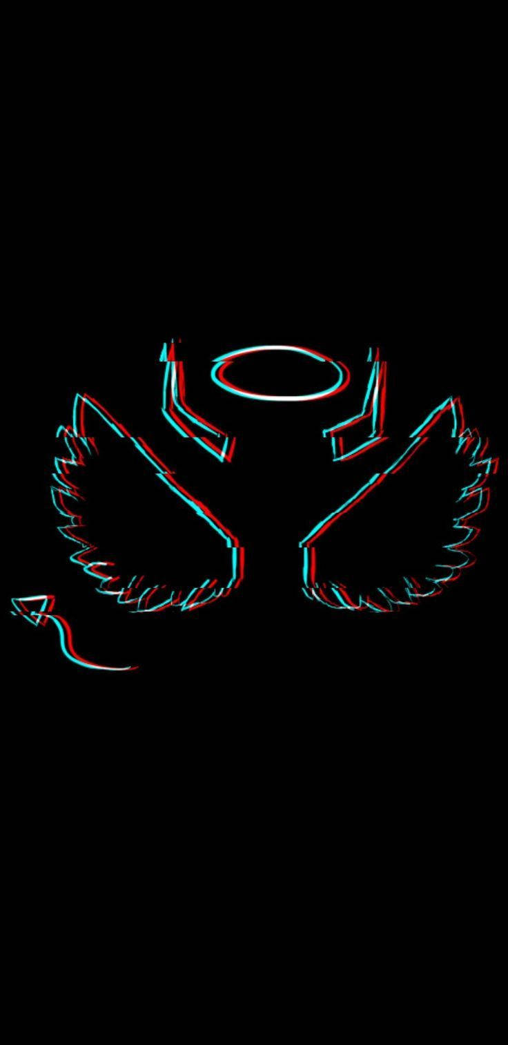 Trippy Dark 桌布 壁紙 — 發光的紅色和青色輪廓天使翅膀和光環漂浮在純黑色背景上，帶有故障效果。