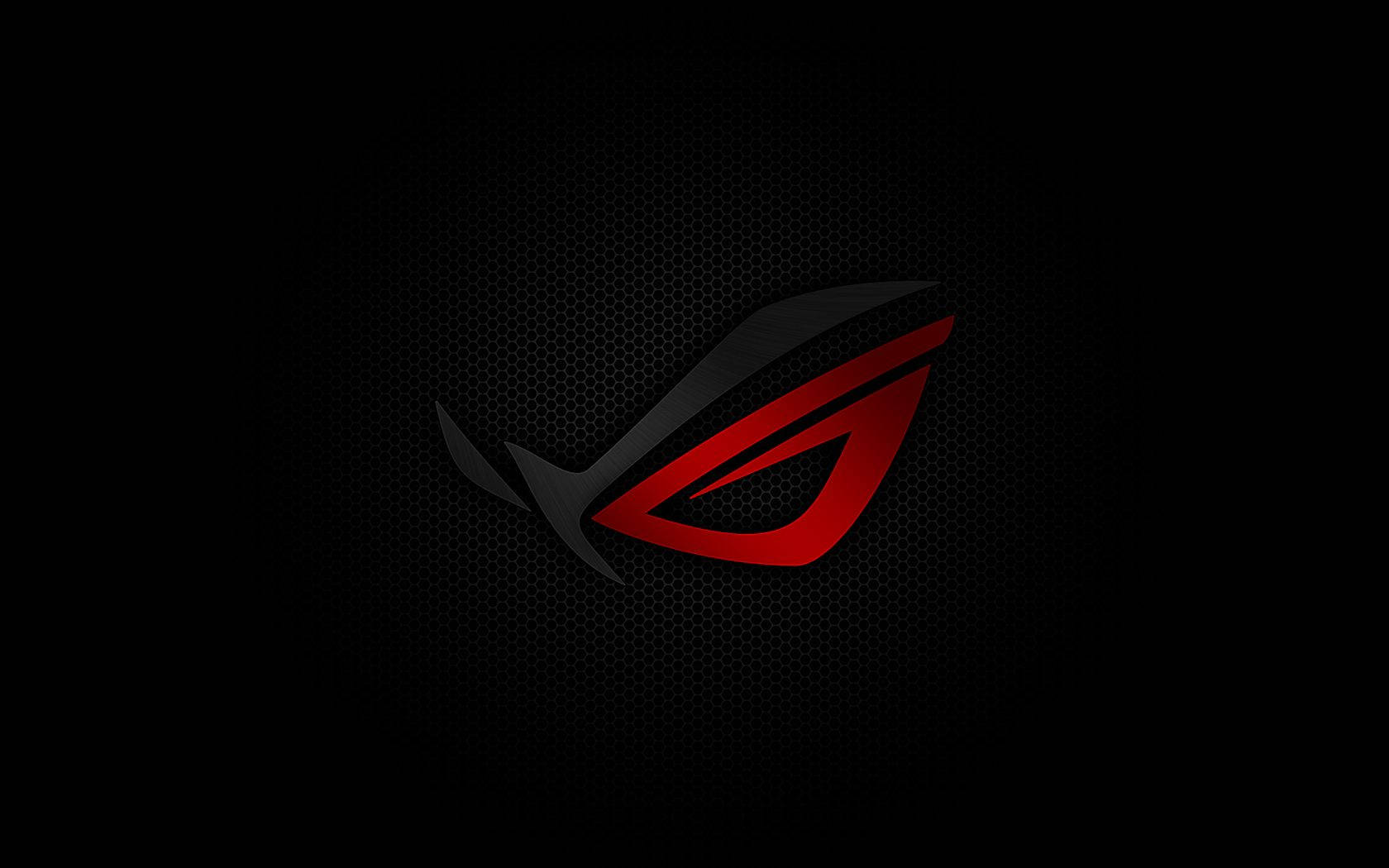 ASUS 桌布 壁紙 — 發光的紅色和黑色 ROG 眼睛標誌，居中在深色六角形網格背景上。
