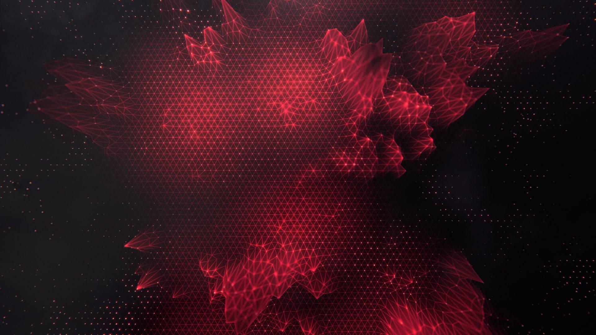 抽象 桌布 壁紙 — 發光的紅色幾何碎形圖案在星空黑色背景上脈動，帶有三角形網格細節。