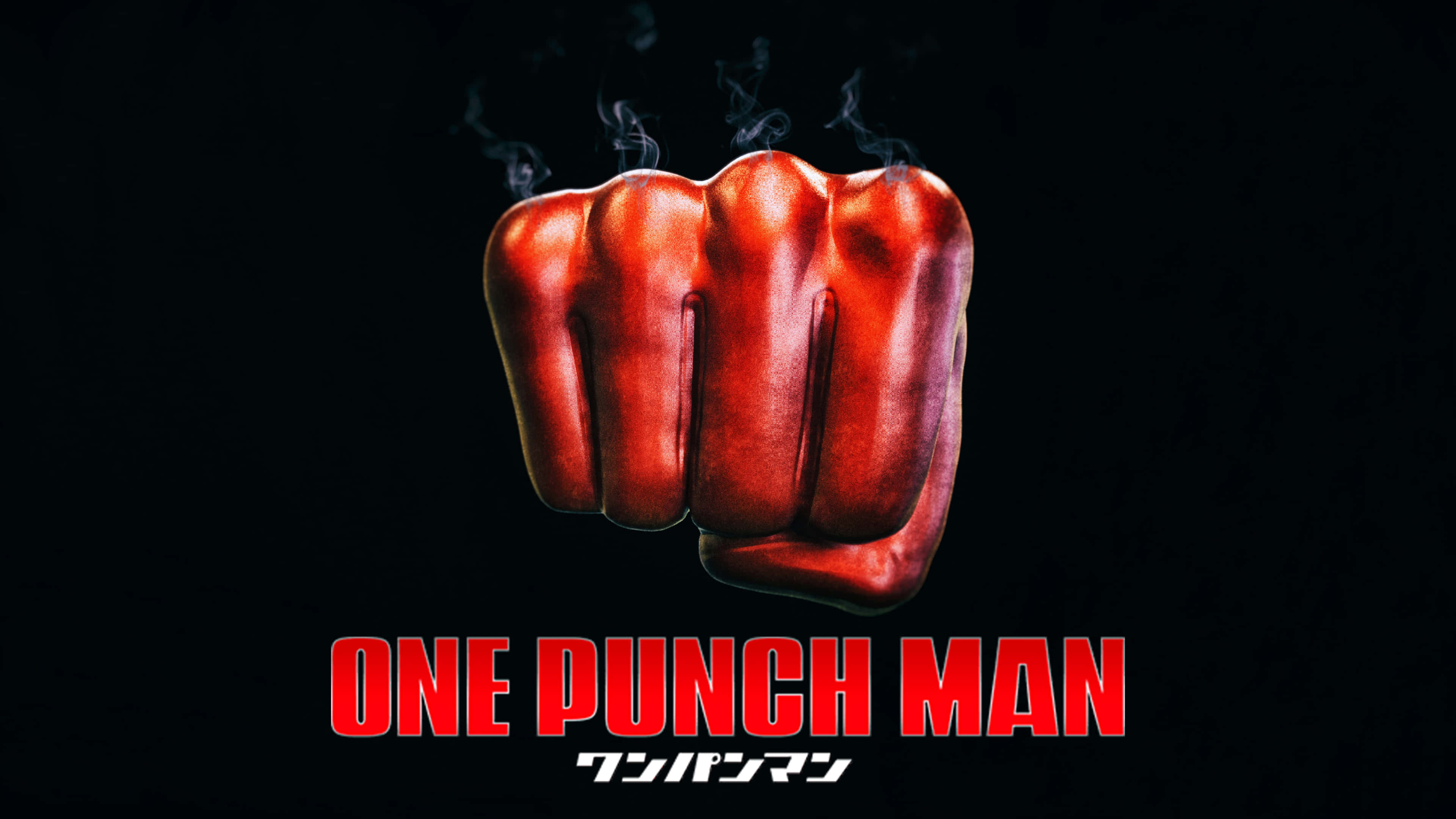 One Punch Man Minimalist 桌布 壁紙 — 發光的紅色拳頭在黑色背景上冒煙，下方有粗體紅色「ONE PUNCH MAN」文字。