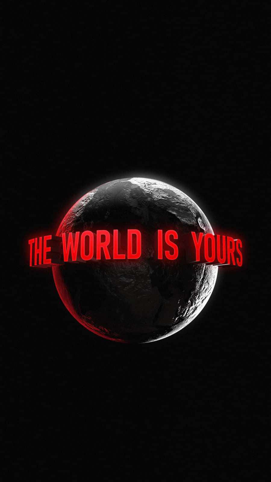 Cobra Kai iPhone Xr 桌布 壁紙 — 發光的紅色文字寫著「THE WORLD IS YOURS」，纏繞著一顆深色紋理的行星，背景是黑色虛空。