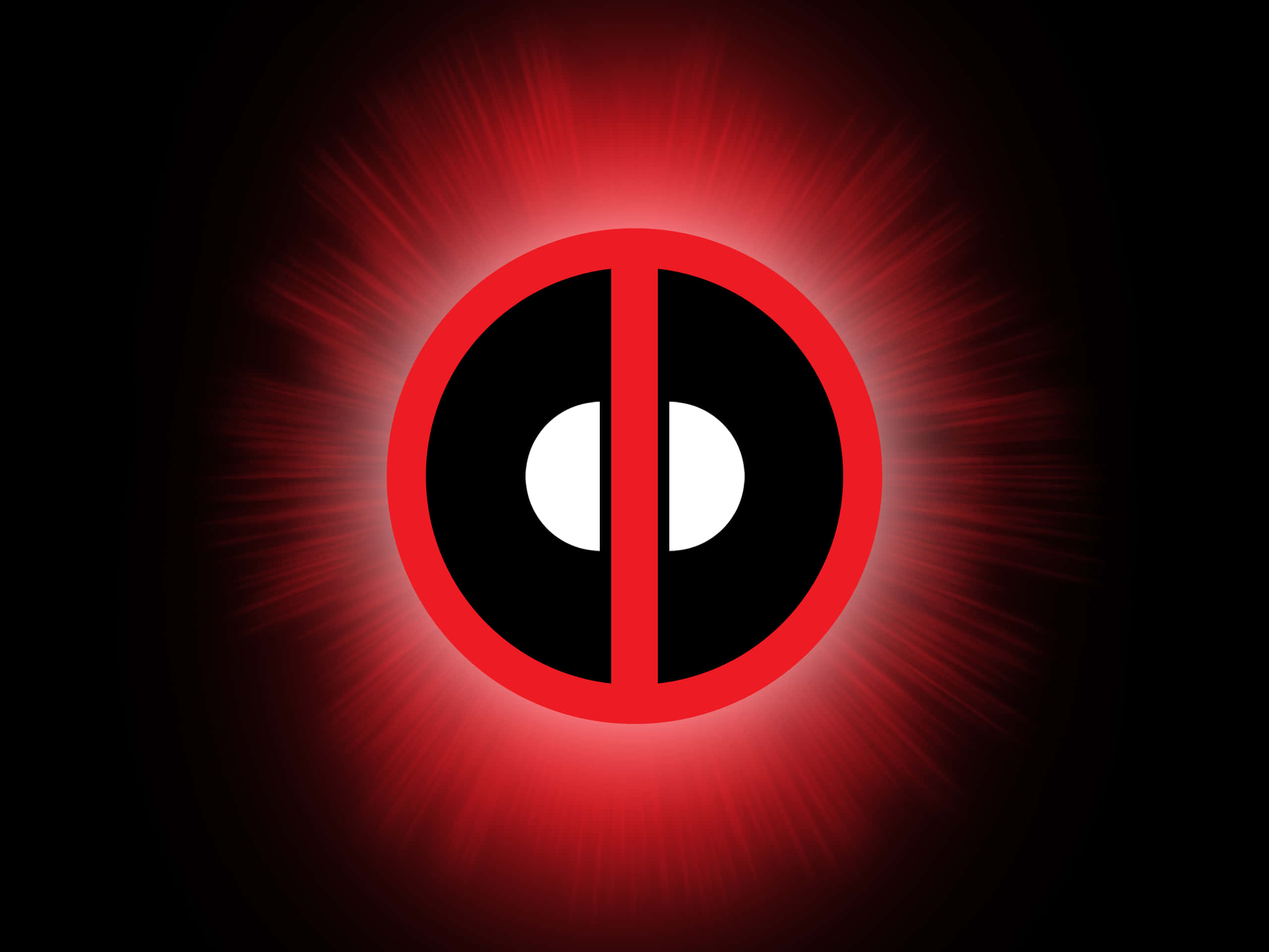 Deadpool Logo 桌布 壁紙 — 發光的紅色死侍標誌在黑色背景上散發出尖銳的光線向外延伸。
