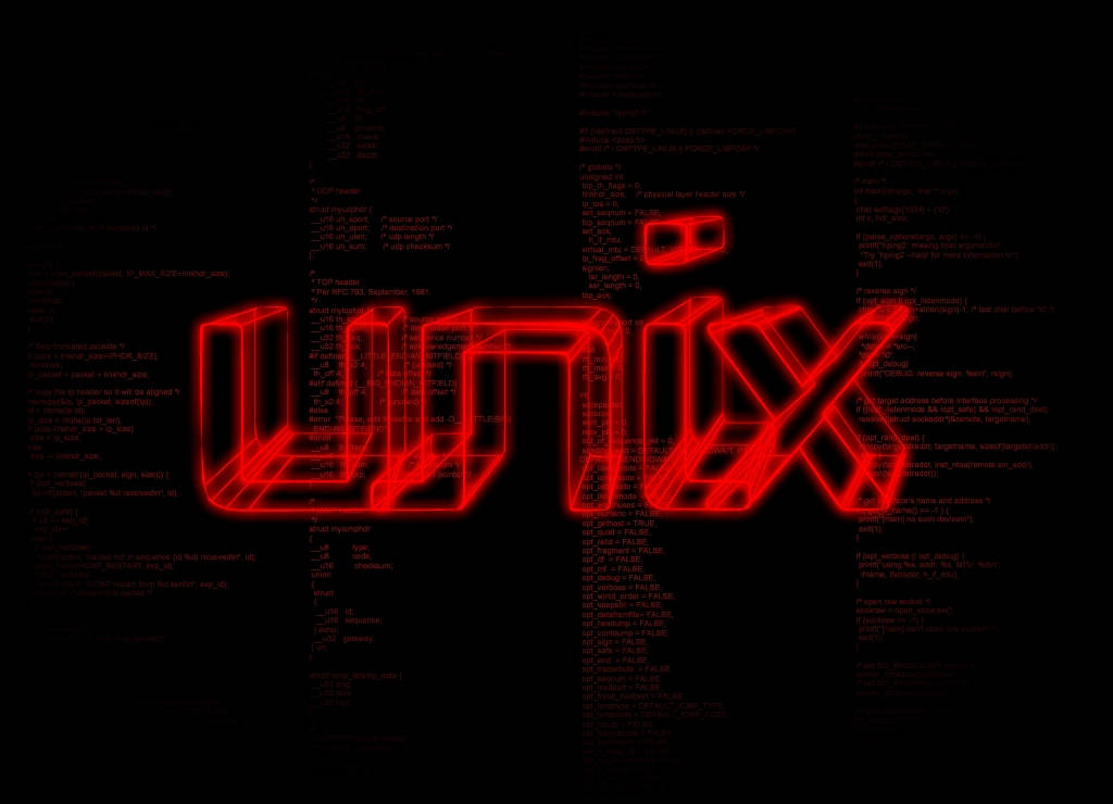 程式設計 桌布 壁紙 — 發光的紅色線框UNIX標誌從黑色背景上層疊的綠色終端代碼中浮現。
