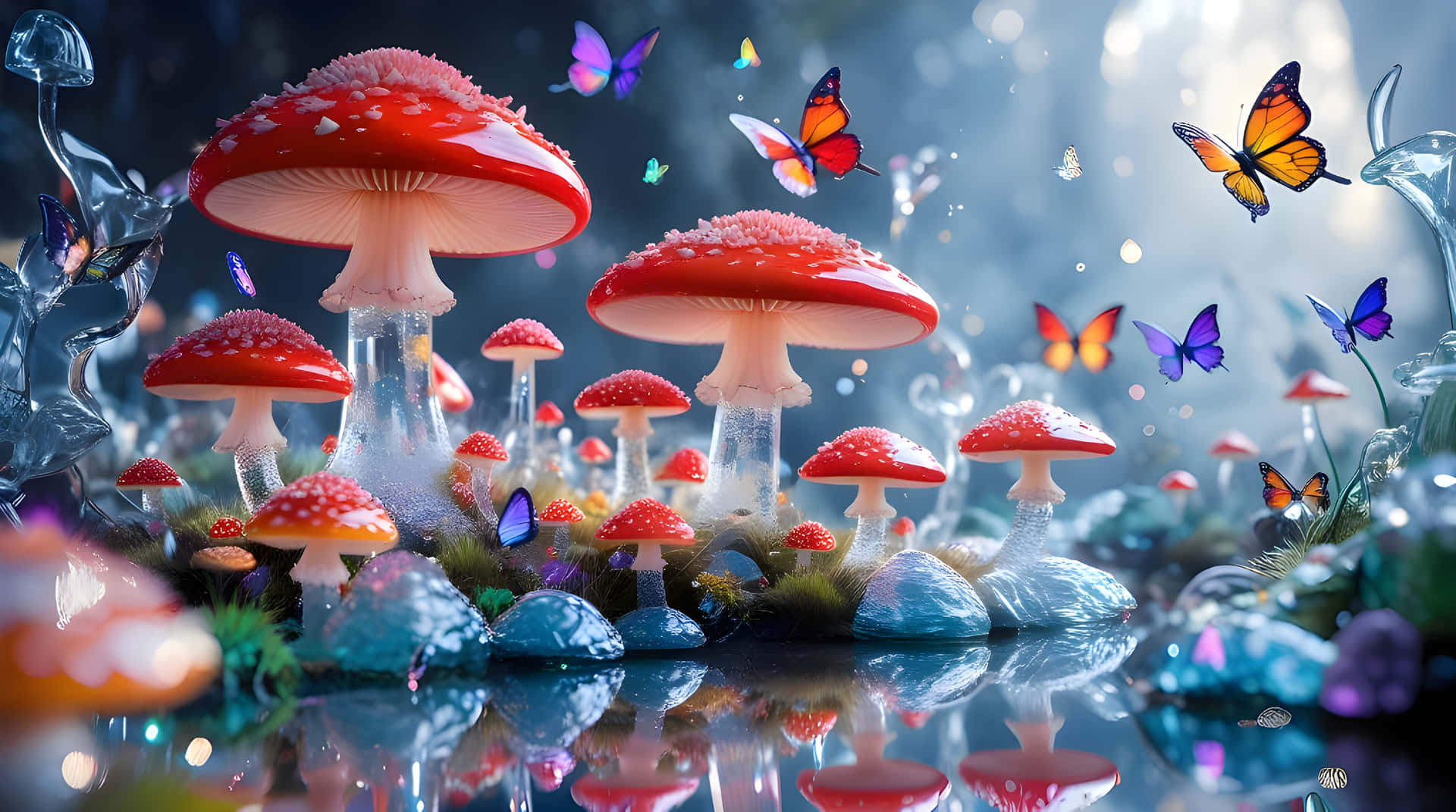 Beautiful natural mushrooms 壁紙 — 發光的紅色蘑菇帶有白色斑點，從反射的水池中升起，周圍有色彩繽紛的蝴蝶在魔法森林中飛舞。