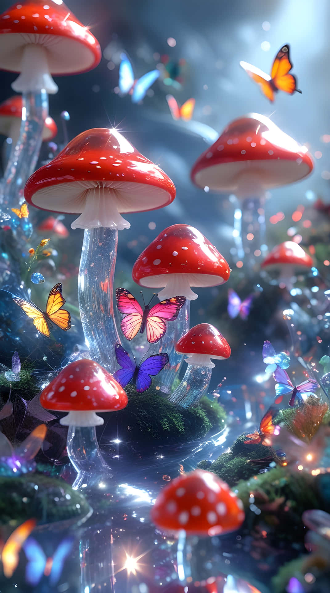 The colourful mushrooms 壁紙 — 發光的紅色蘑菇帶有白色斑點，從長滿苔蘚的地面升起，色彩繽紛的蝴蝶在沐浴在柔和光線中的魔法森林中飛舞。
